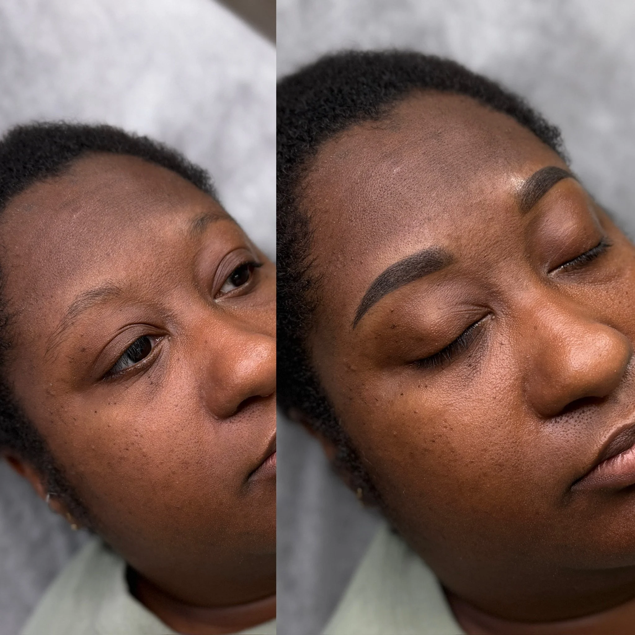 Side-by-side photo of a woman before and after eyebrow microblading, showing fuller, well-defined eyebrows in the after image.