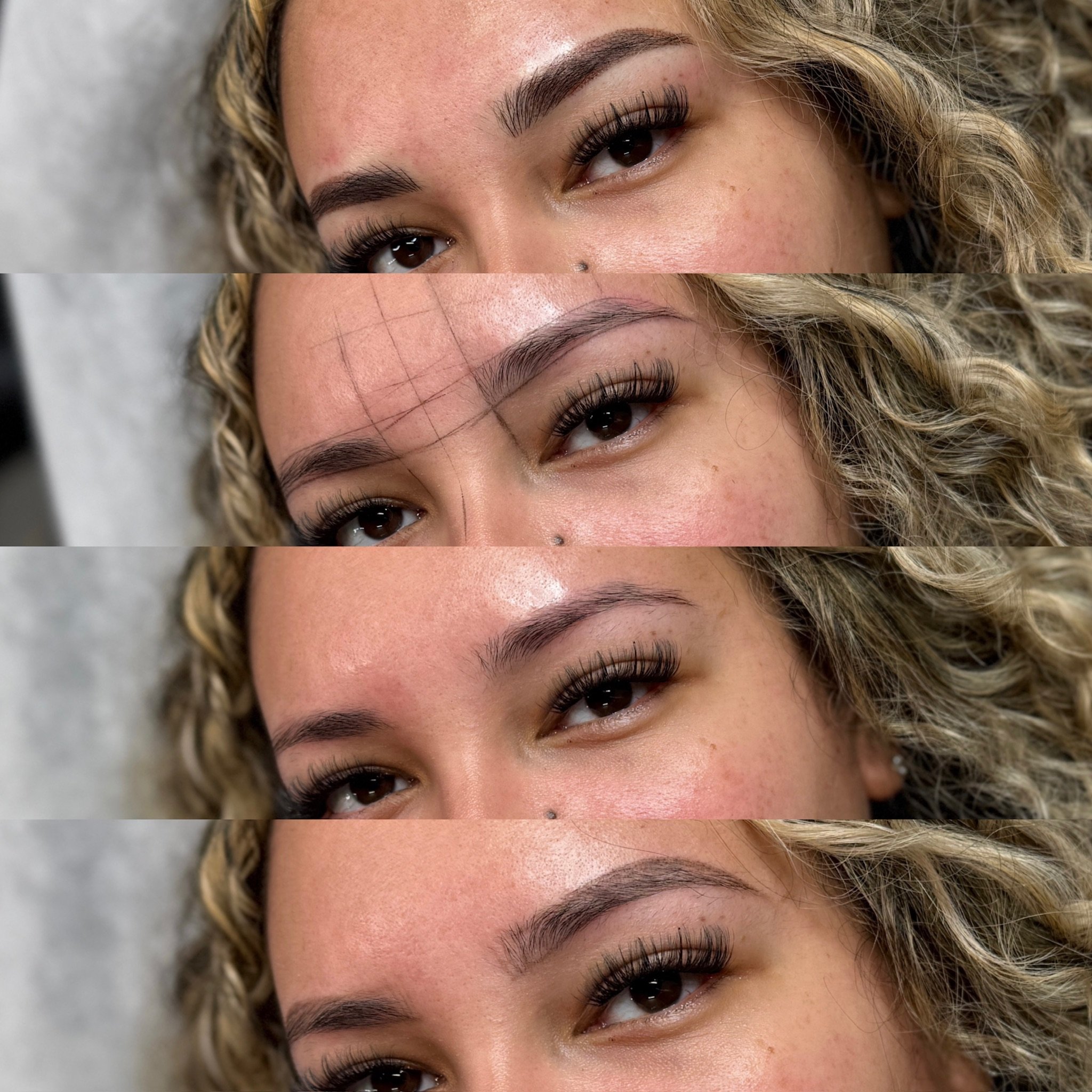 Close-up of a woman's face showing different angles of her eyes and eyebrows in four horizontal sections.