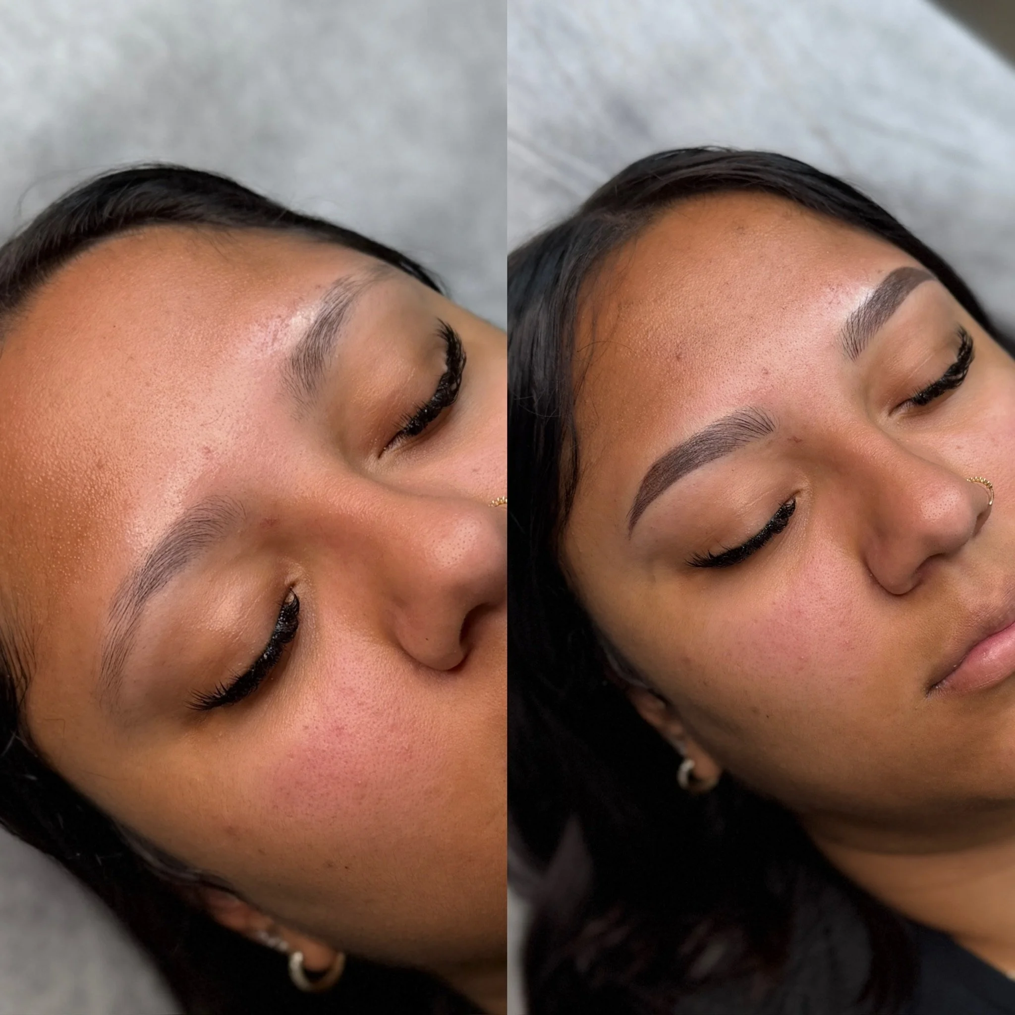 Side-by-side comparison of a woman's face showing before and after eyebrow microblading, with well-defined, shaped eyebrows on the right and thinner eyebrows on the left.