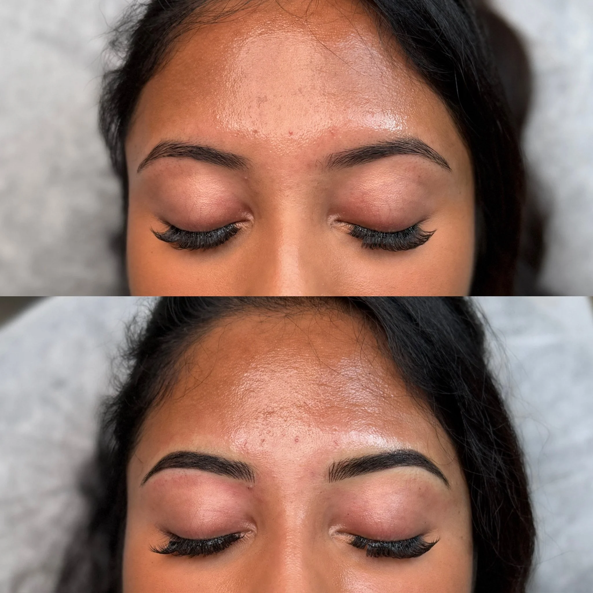Close-up of a woman's face showing a before-and-after comparison of eyebrow microblading. The top image displays natural eyebrows with sparse hair, while the bottom image shows fuller, well-defined eyebrows after the procedure.