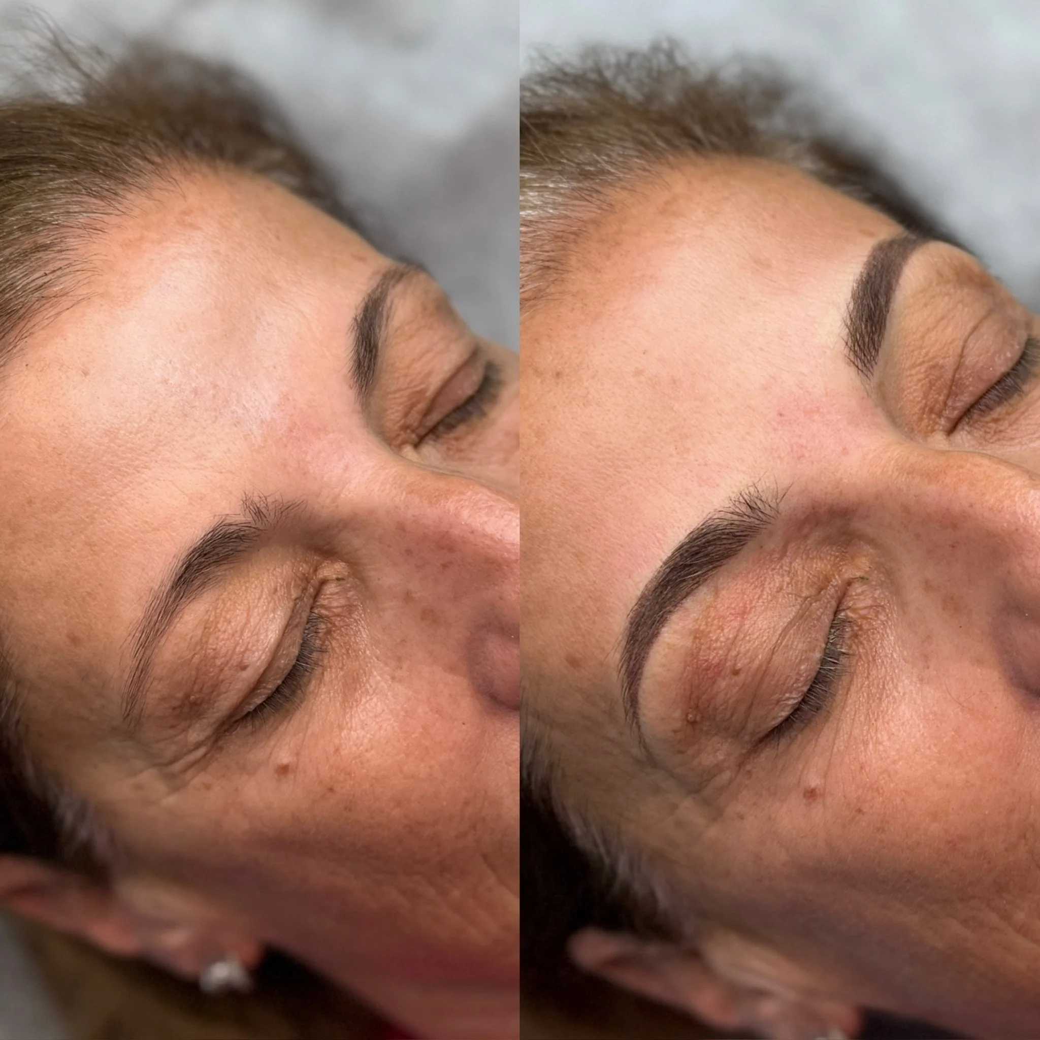 Side-by-side comparison of a woman’s face showing before and after eyebrow microblading; the after image displays fuller, well-defined eyebrows.