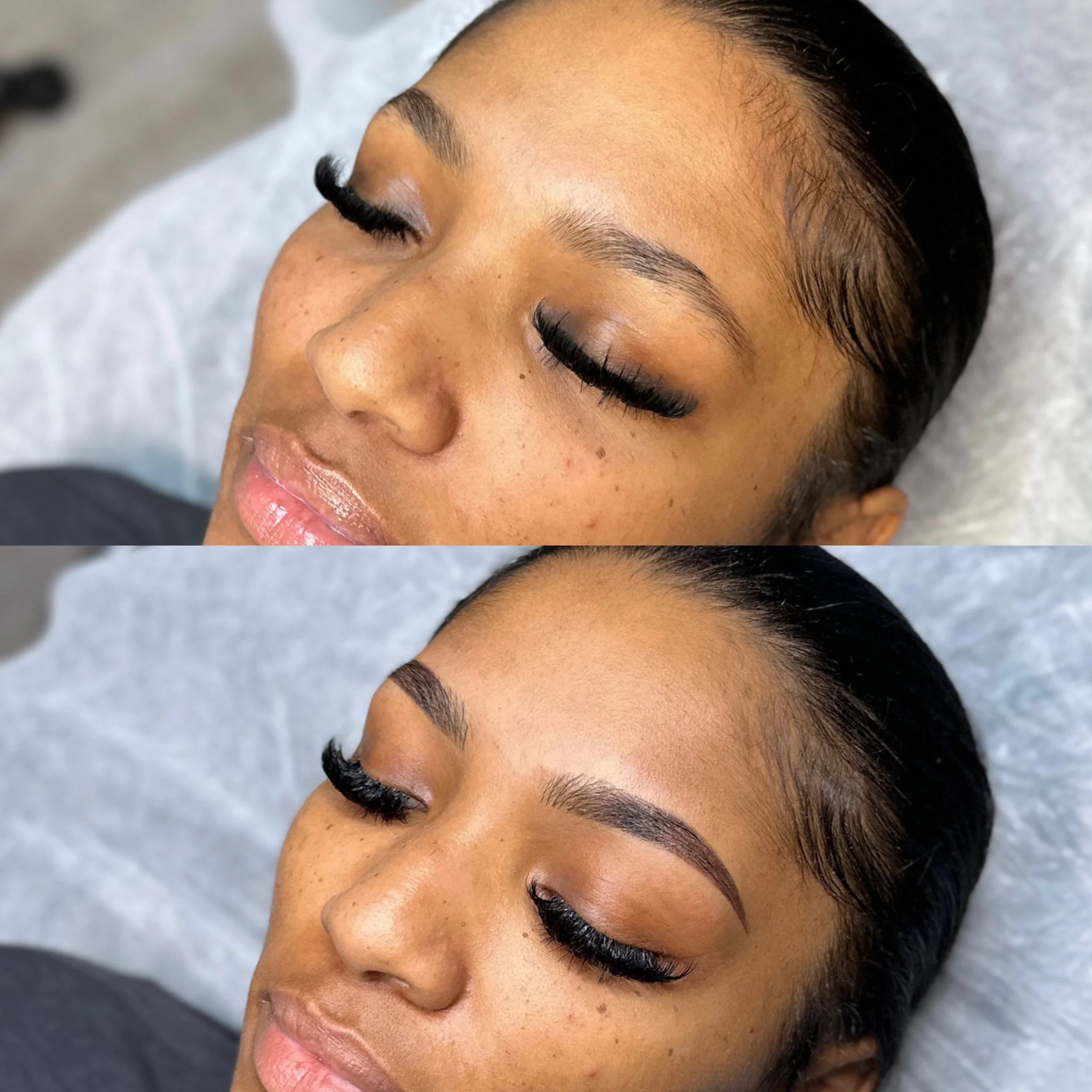 Comparison of a woman's face before and after eyebrow shaping, showing fuller and more defined eyebrows in the after image.