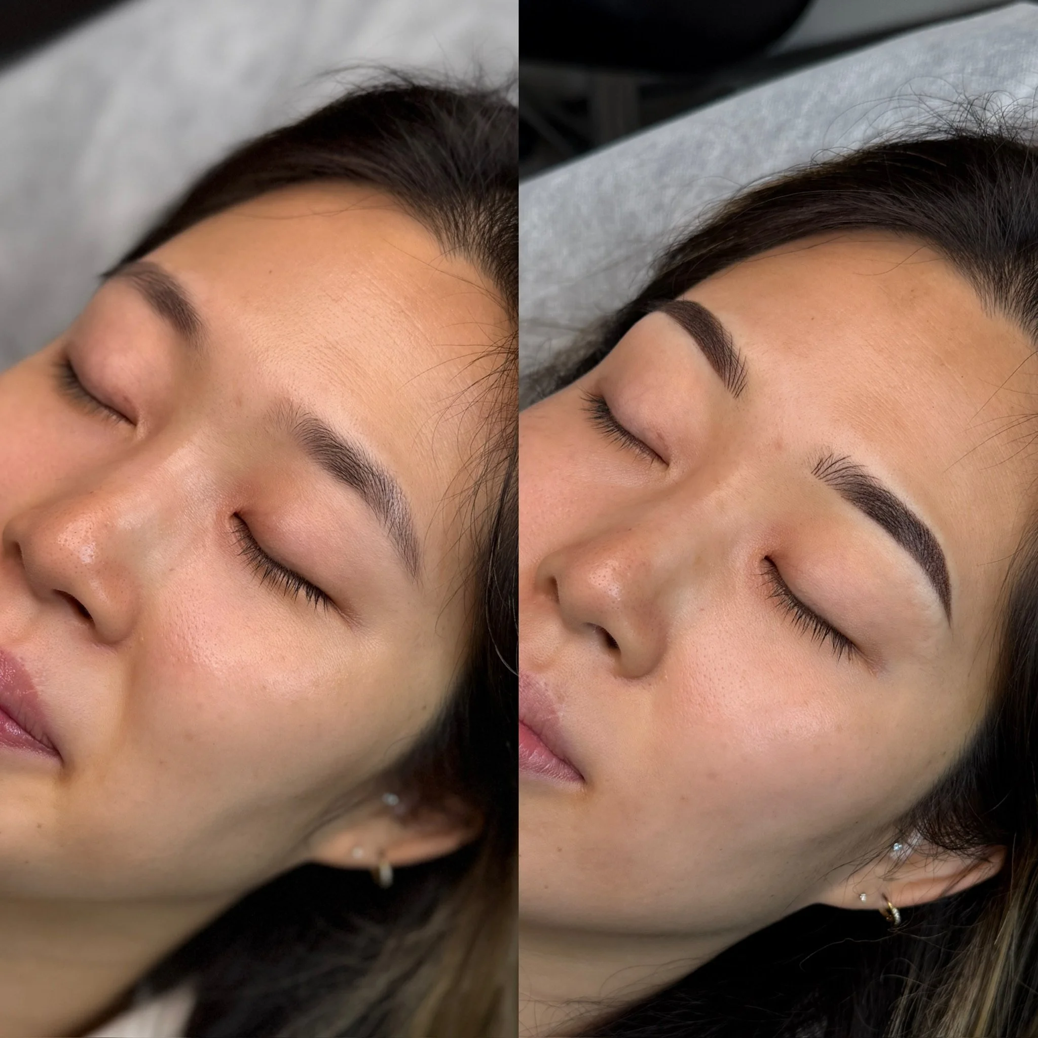 Side-by-side comparison of a woman's face before and after eyebrow makeup, with closed eyes and relaxed expression.