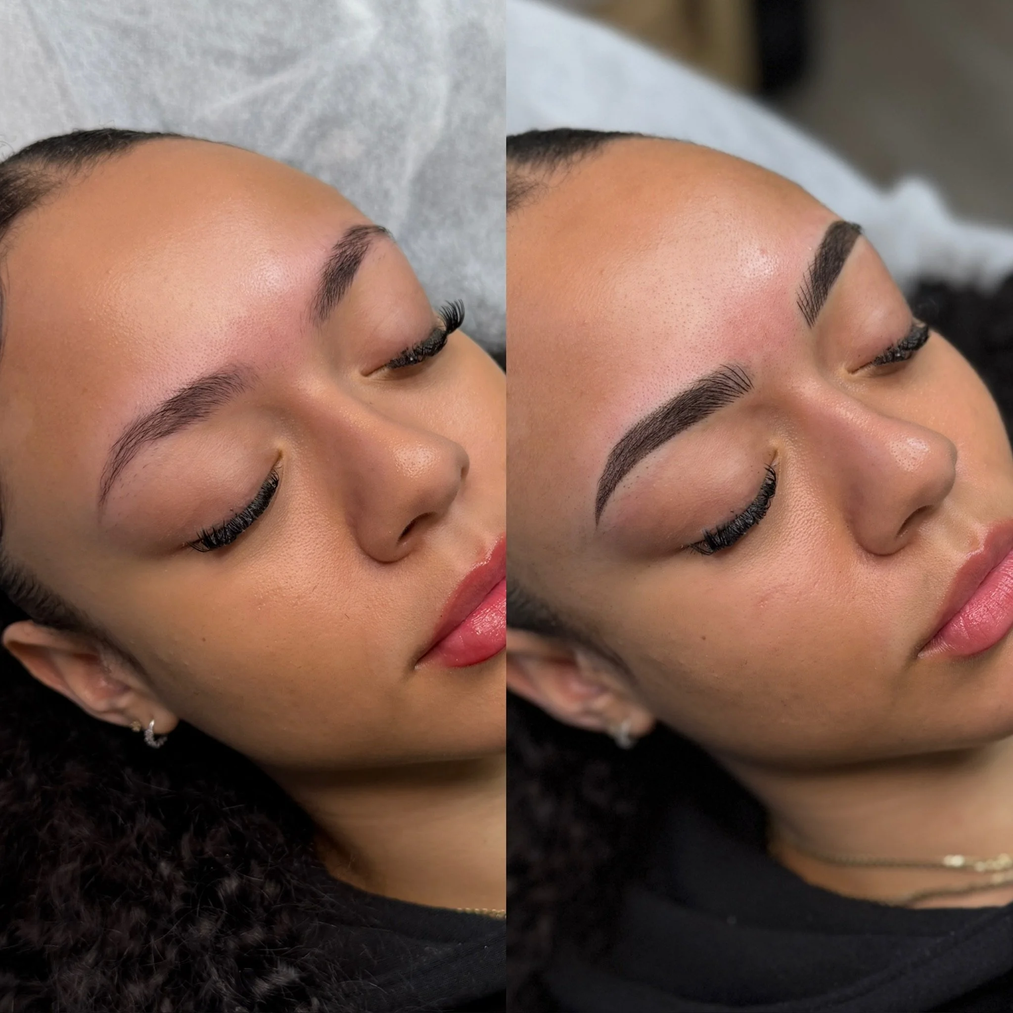 Before and after side-by-side photos of a woman's face showing her eyebrows, with the after image displaying full, shaped, and filled-in eyebrows.