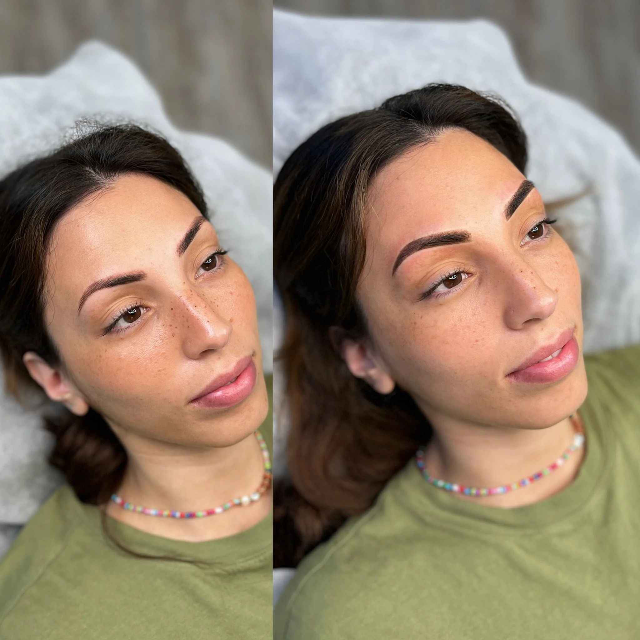 A woman with dark brown hair and freckles lies on a light-colored pillow, before and after having her eyebrows microbladed, showing significant enhancement in eyebrow shape and fullness.