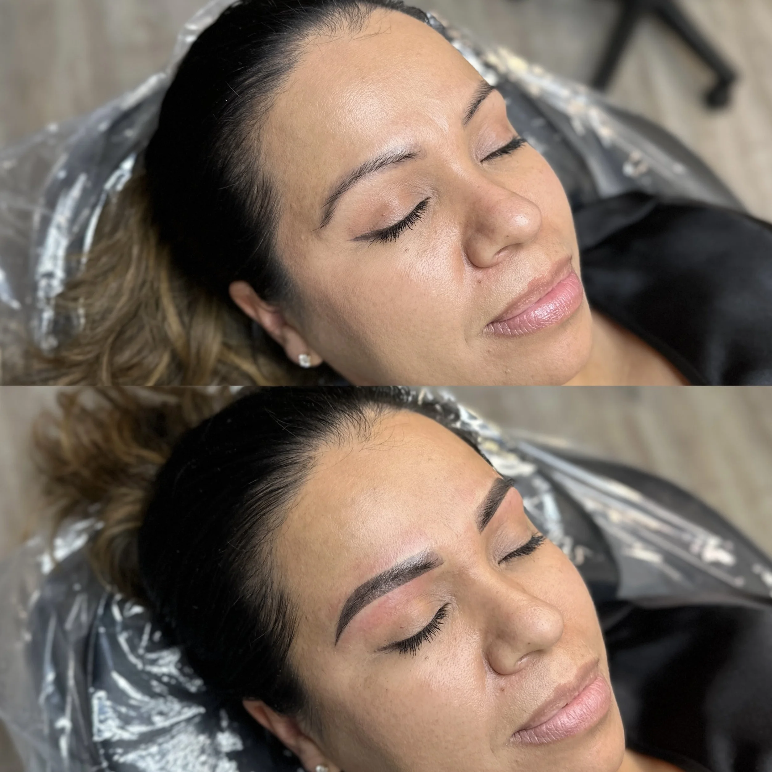 Before and after photos of a woman at a salon, showing her eyebrows after a cosmetic procedure, with the top image of her natural eyebrows and the bottom image of her enhanced, shaped eyebrows.