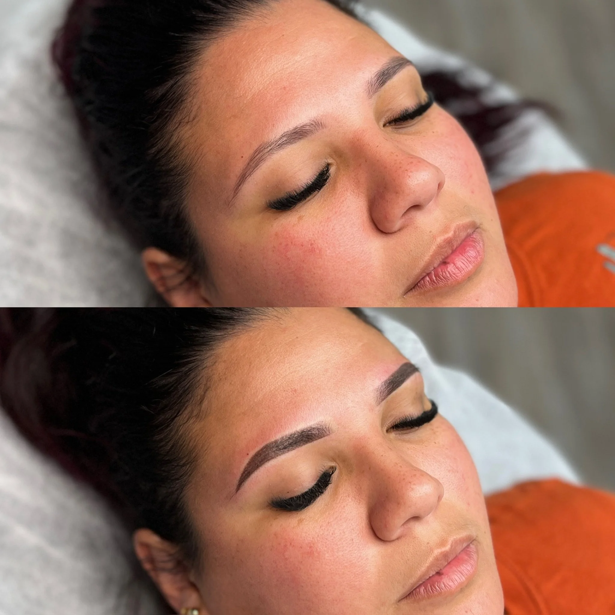 A woman lying down, showing a before and after comparison of her eyebrows, with the after image displaying newly microbladed or enhanced eyebrows.