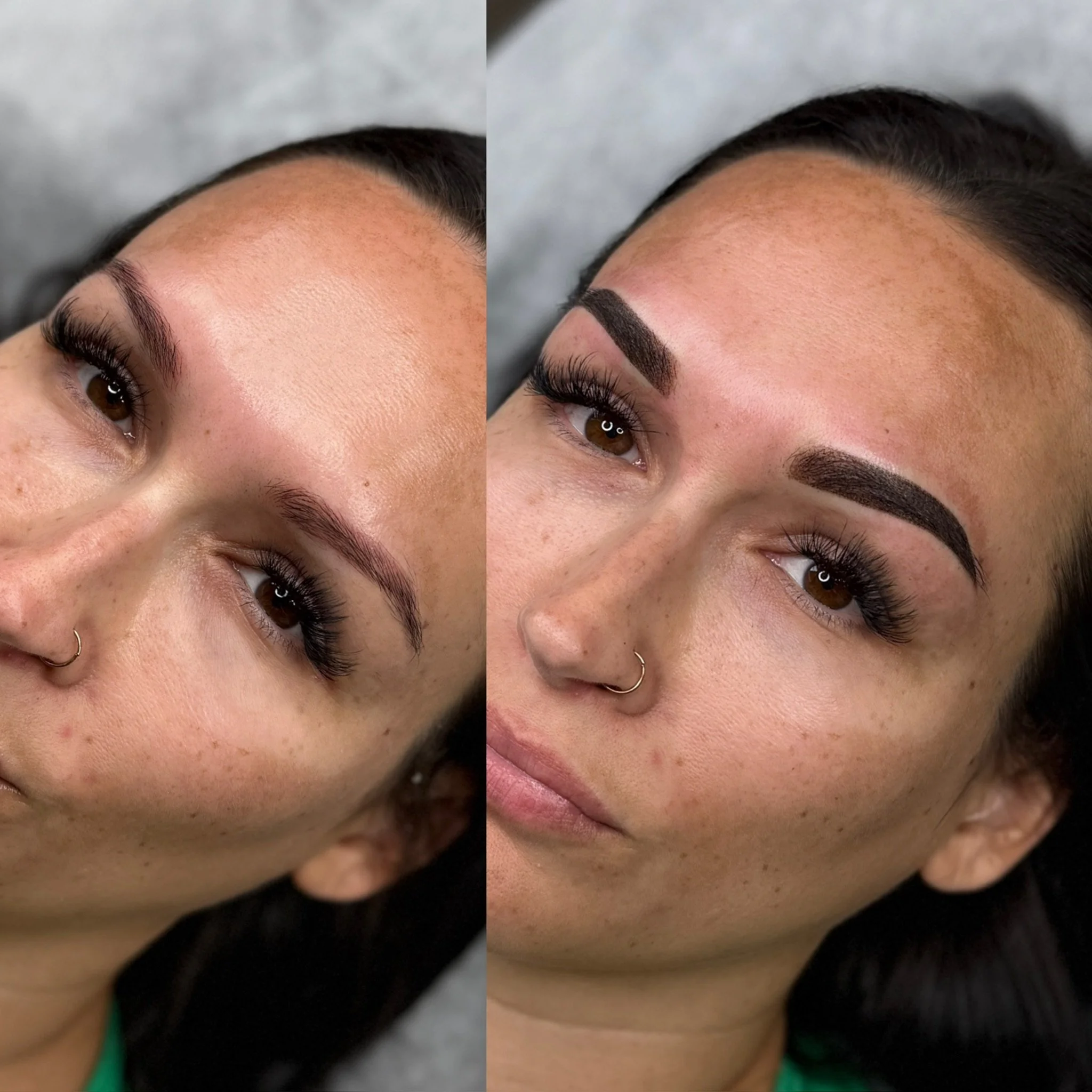 Side-by-side close-up of a woman's face showing before and after eyebrow microblading, with fuller, darker eyebrows in the after image.