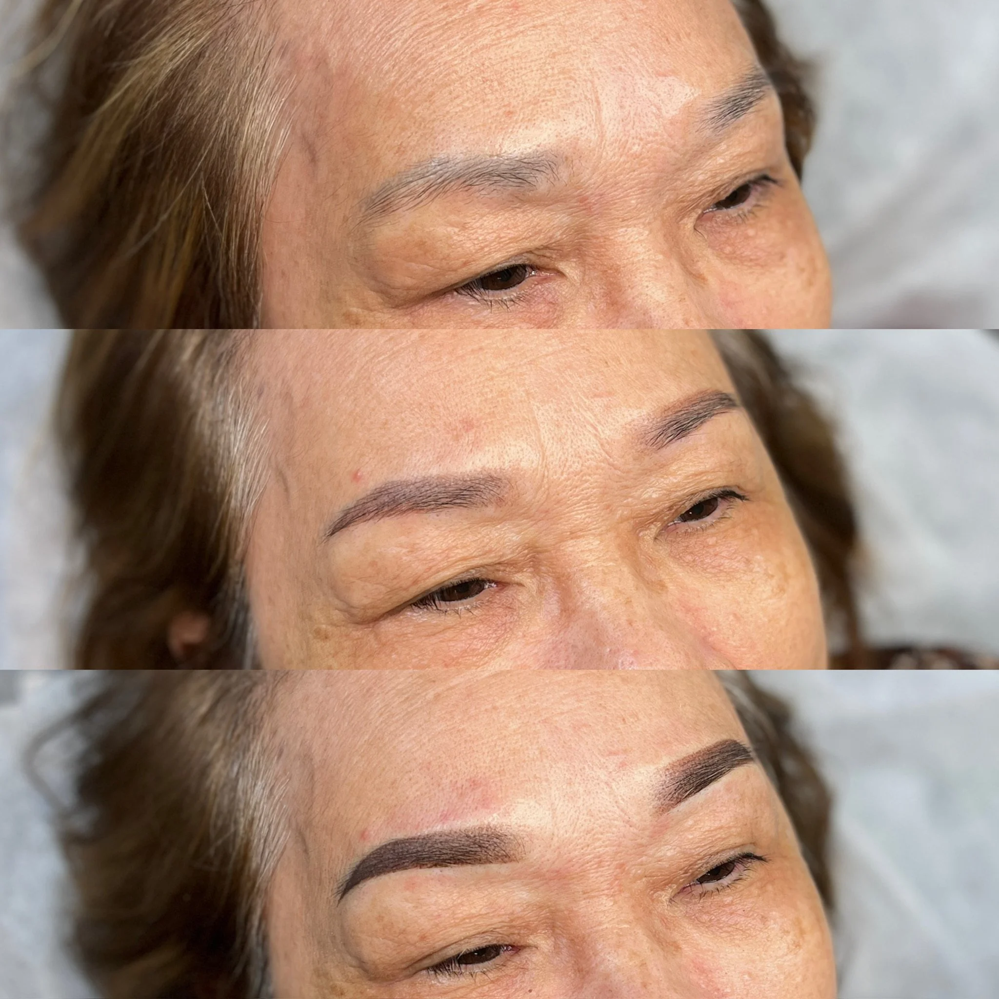 Sequential photos showing the process of eyebrow microblading, from natural eyebrows to fully completed bold, well-defined eyebrows.