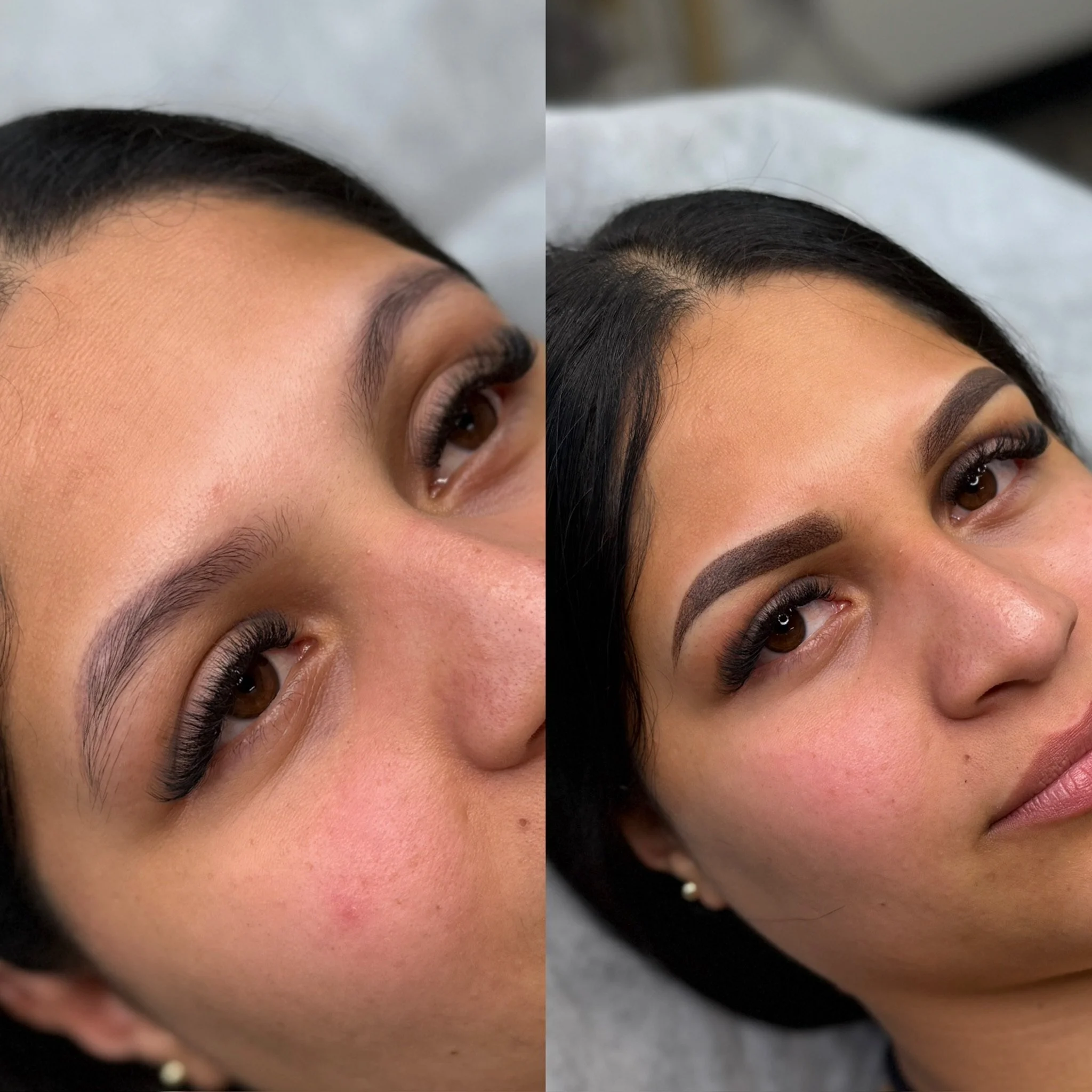 Comparison of a woman's eyebrows before and after microblading treatment.