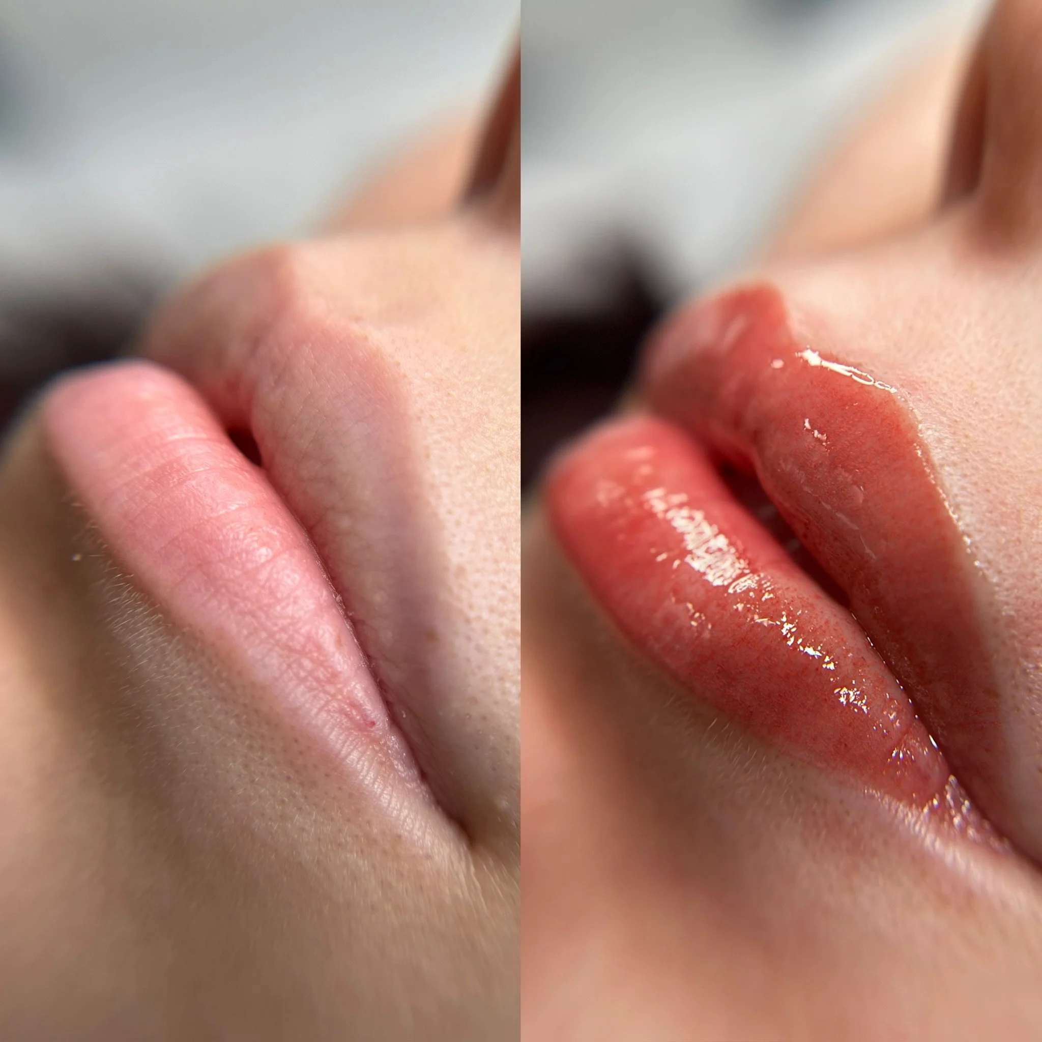 Close-up of a person's lips before and after applying glossy red lipstick.