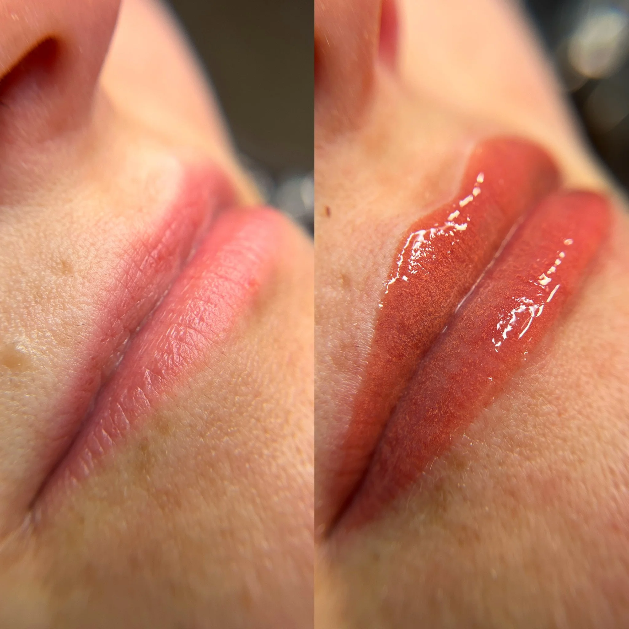 Close-up of a person's lips before and after applying glossy, reddish-brown lipstick.