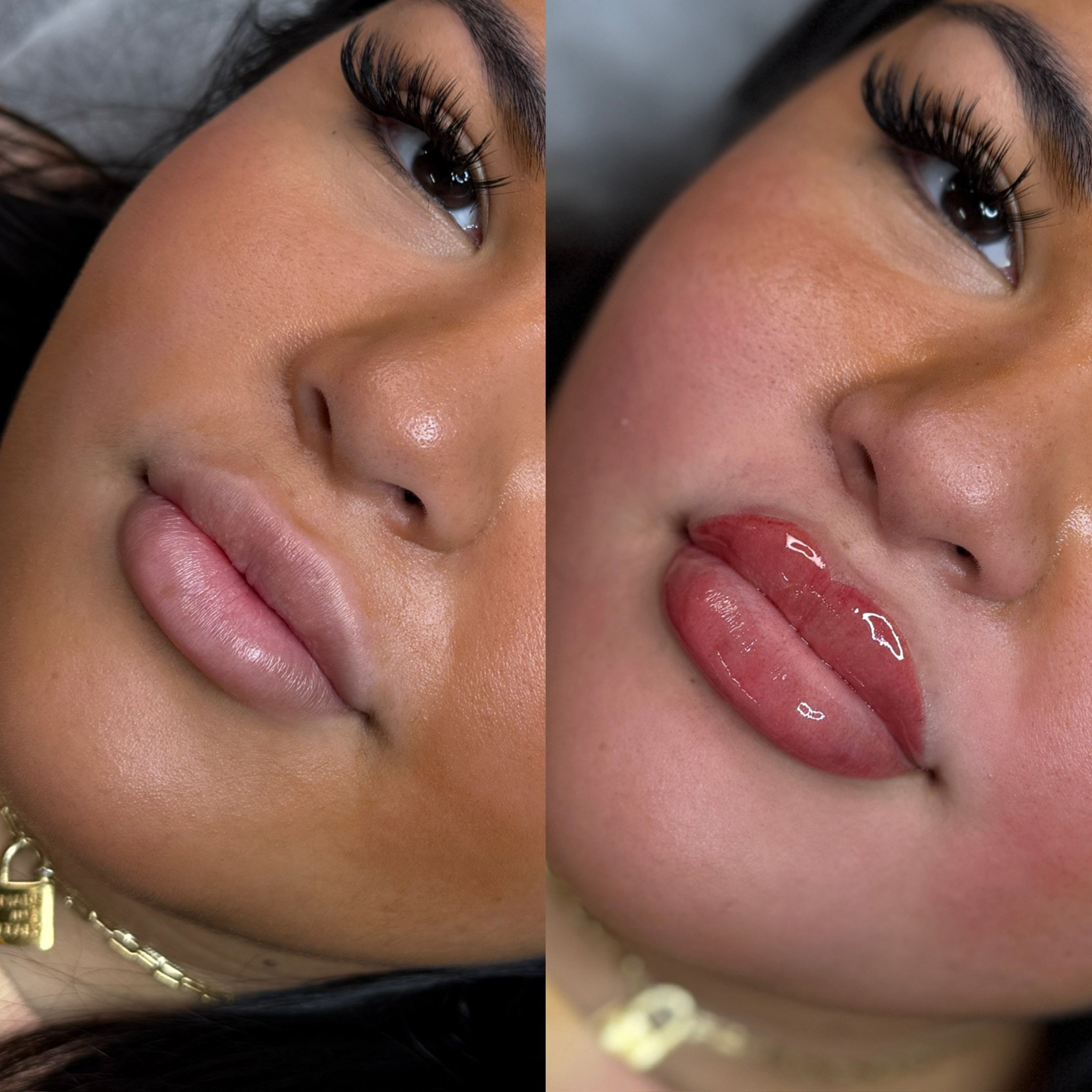 Close-up of a woman's face, showing before and after photos of makeup application, including lipstick and skincare.