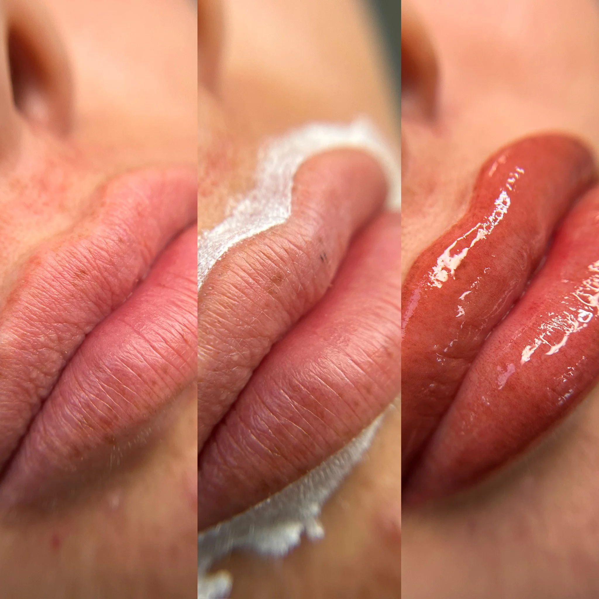 Close-up of lips in three stages: natural, applying white lipstick, and finished with glossy red lipstick.