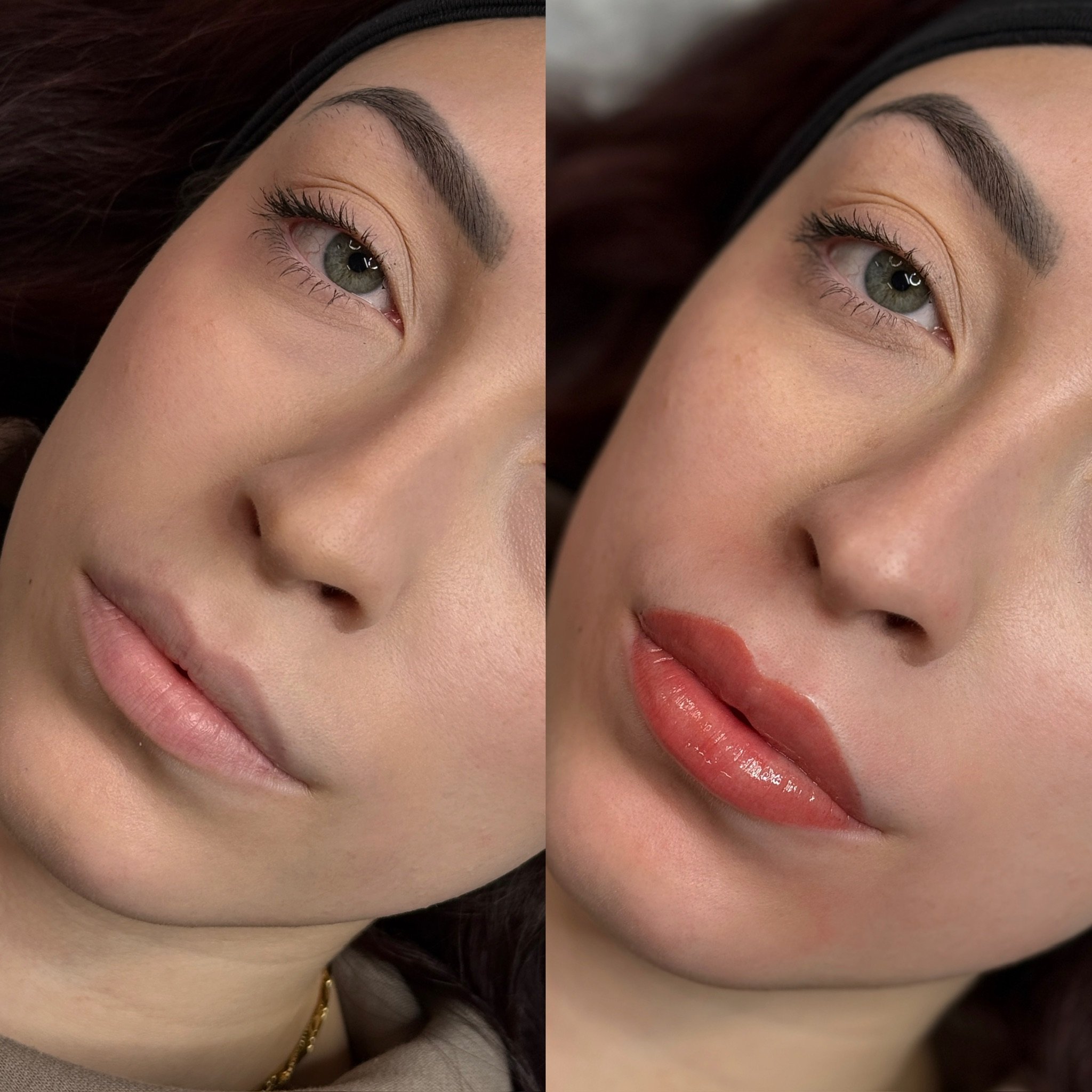 Close-up of a woman's face showing before and after makeup application, focusing on lips and eyes.