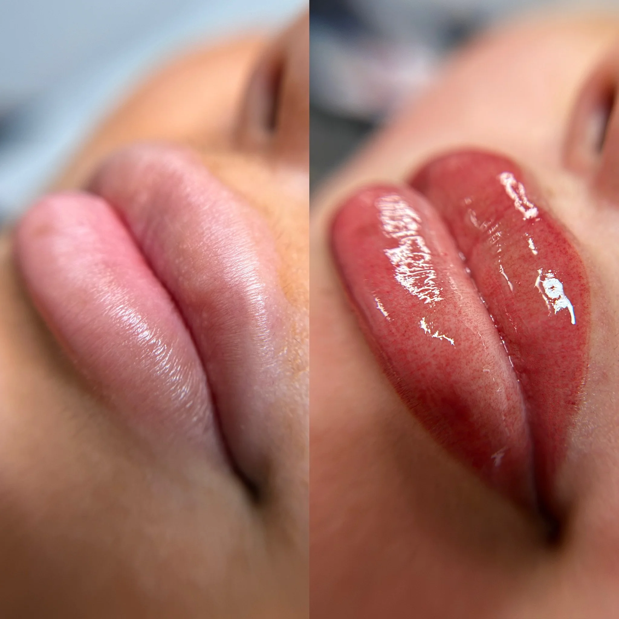 Close-up of side-by-side images of a person's lips with minimal makeup on the left and glossy red lipstick on the right.