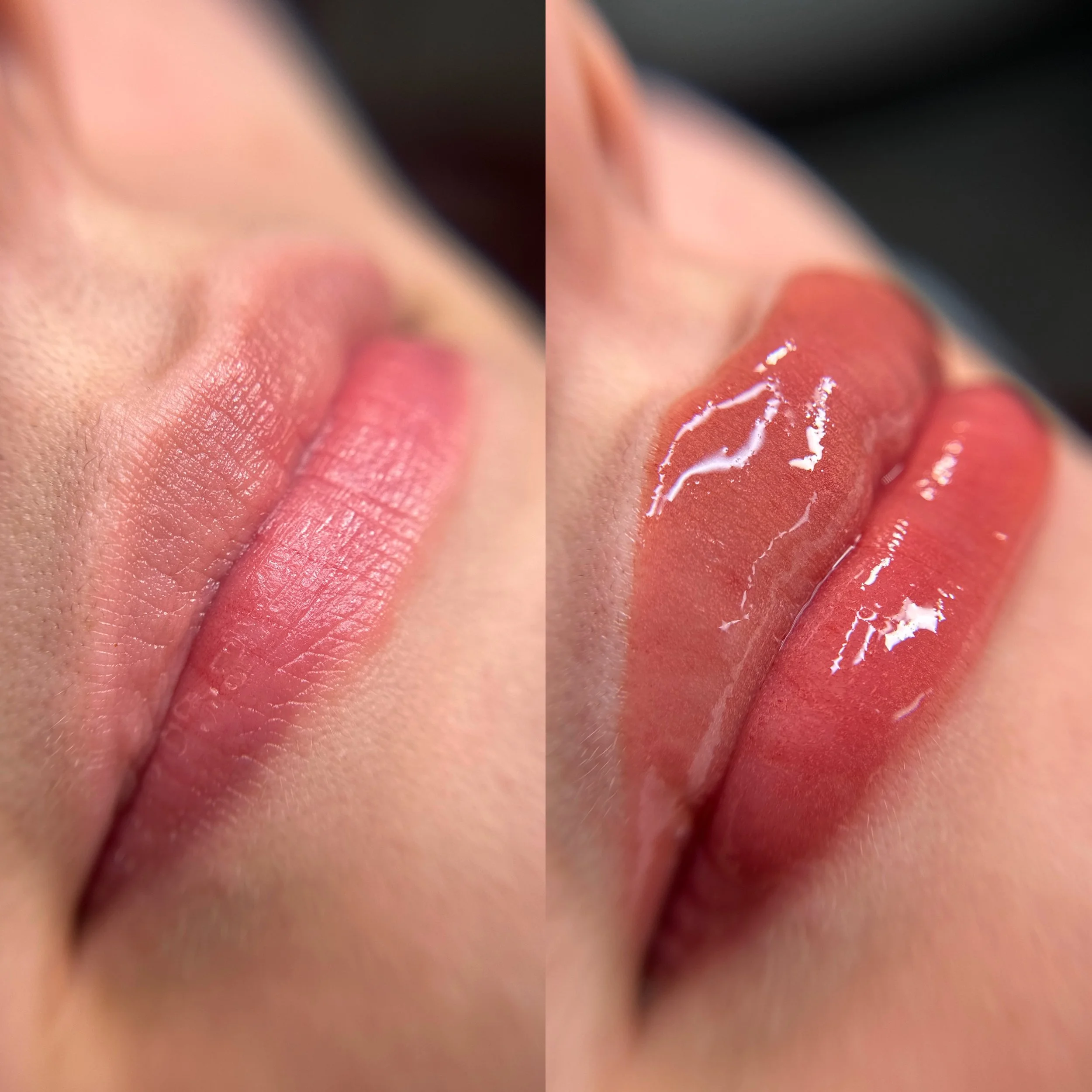 Close-up of lips before and after applying glossy lip gloss.