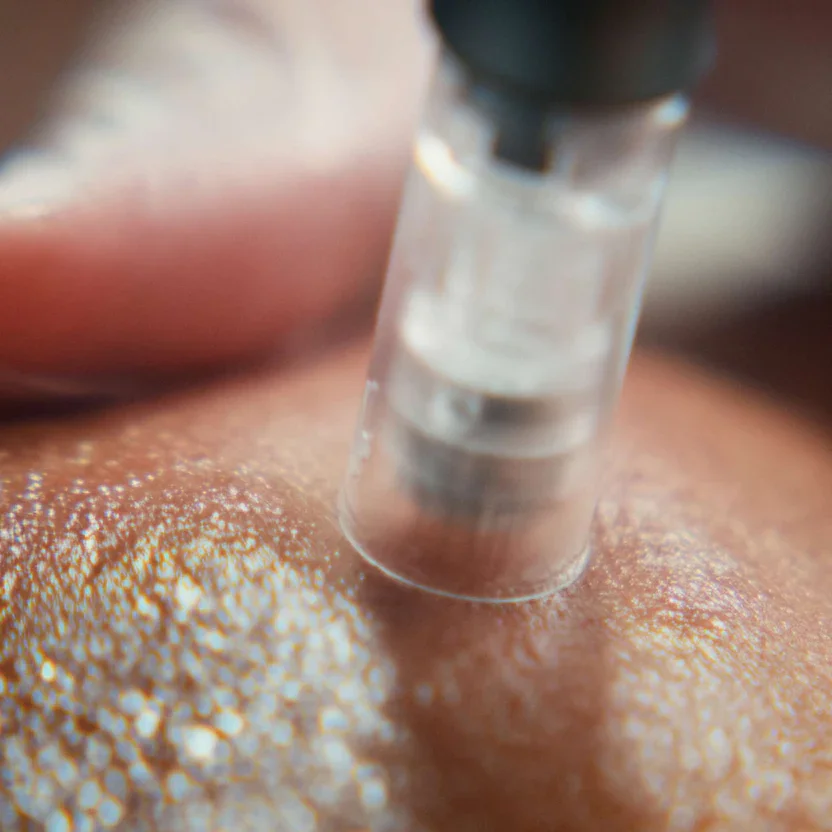Close-up shot of a cosmetic injection being administered to skin.