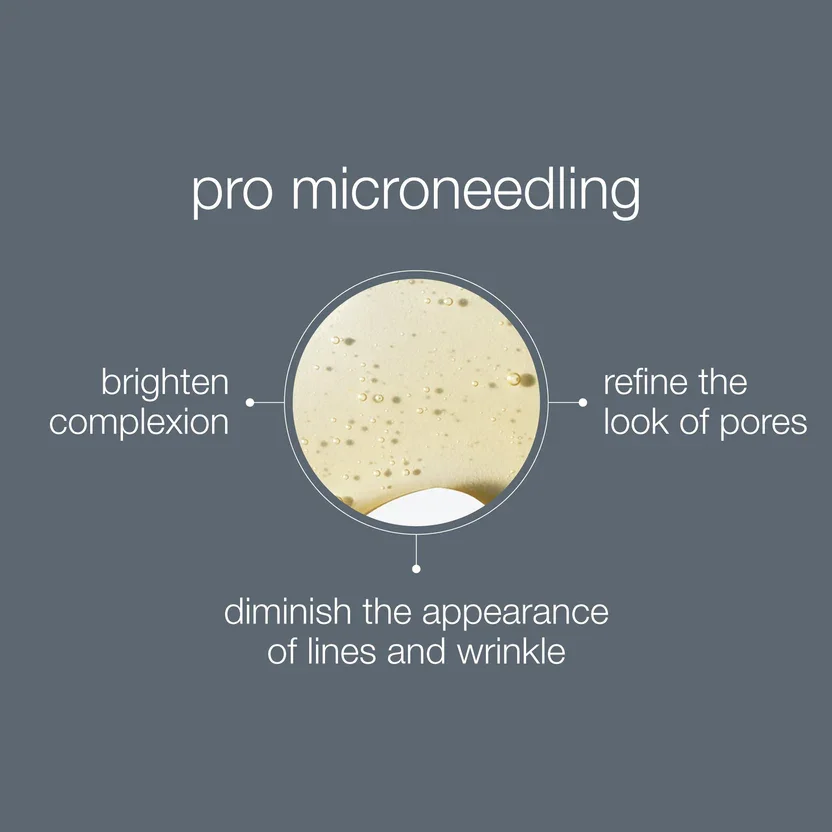 Advertisement for Pro Microneedling skincare treatment, highlighting benefits like brightening complexion, refining pore appearance, and diminishing lines and wrinkles.