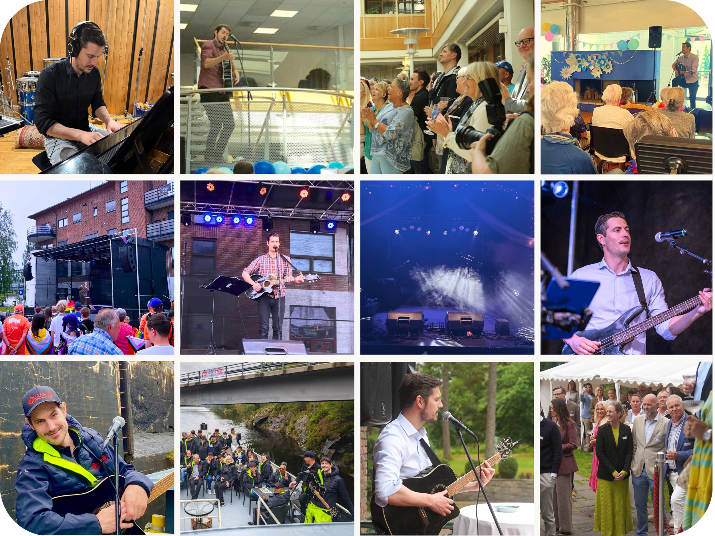 Bilder av ulike musikk- og kulturarrangementer, inkludert musiker som spiller gitar og piano, en lokal konsert med scene og publikum, folk som deltar i utendørs aktiviteter, og en gruppe mennesker i et offentlig område med festlig stemning.