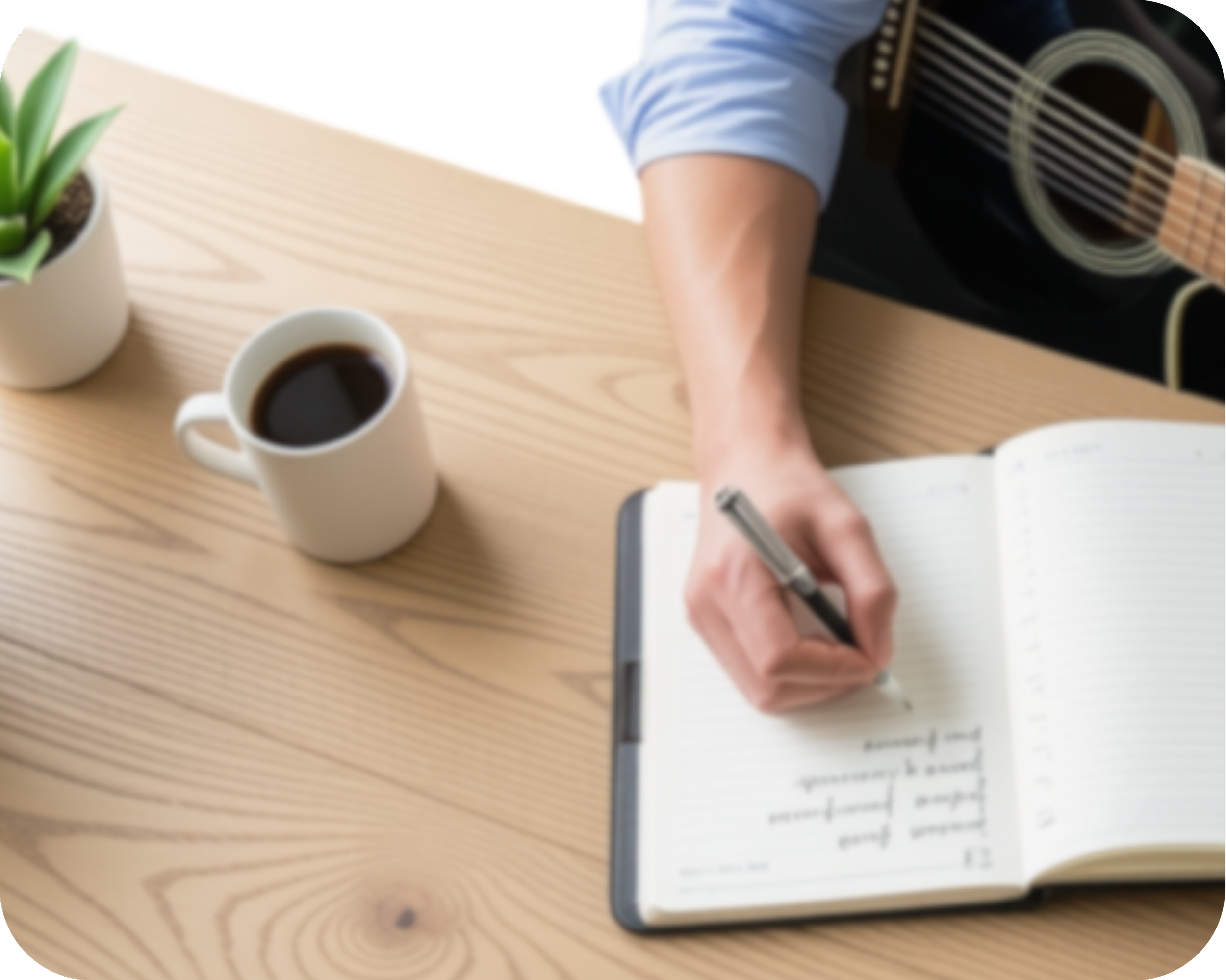 En person som skriver i en åpen notatbok på et lyst trebord, med en kopp kaffe og en plante ved siden av, og en gitar i bakgrunnen.
