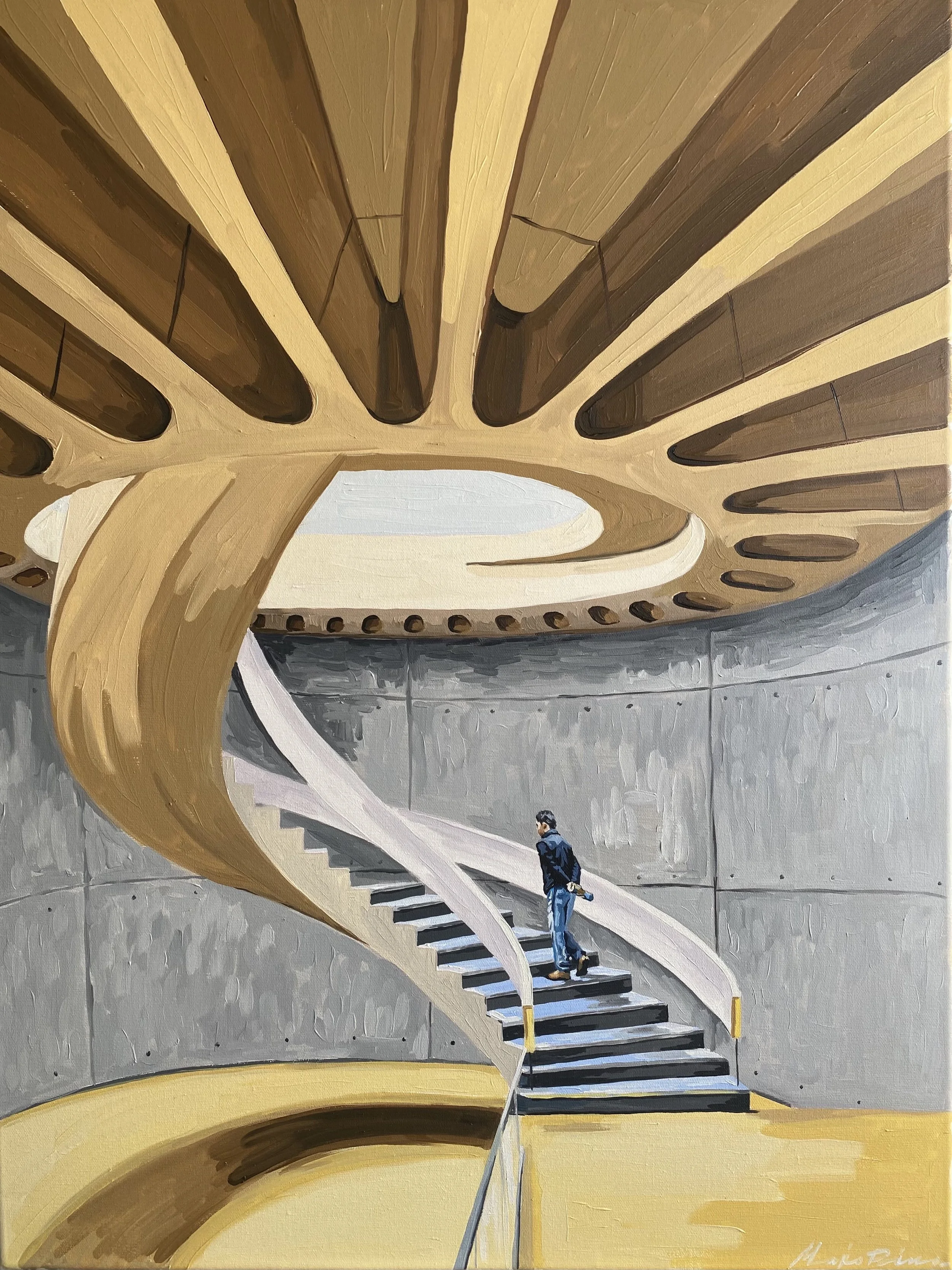 Une peinture représentant un escalier en spirale avec un homme qui marche dedans, sous une structure en bois incurvée.