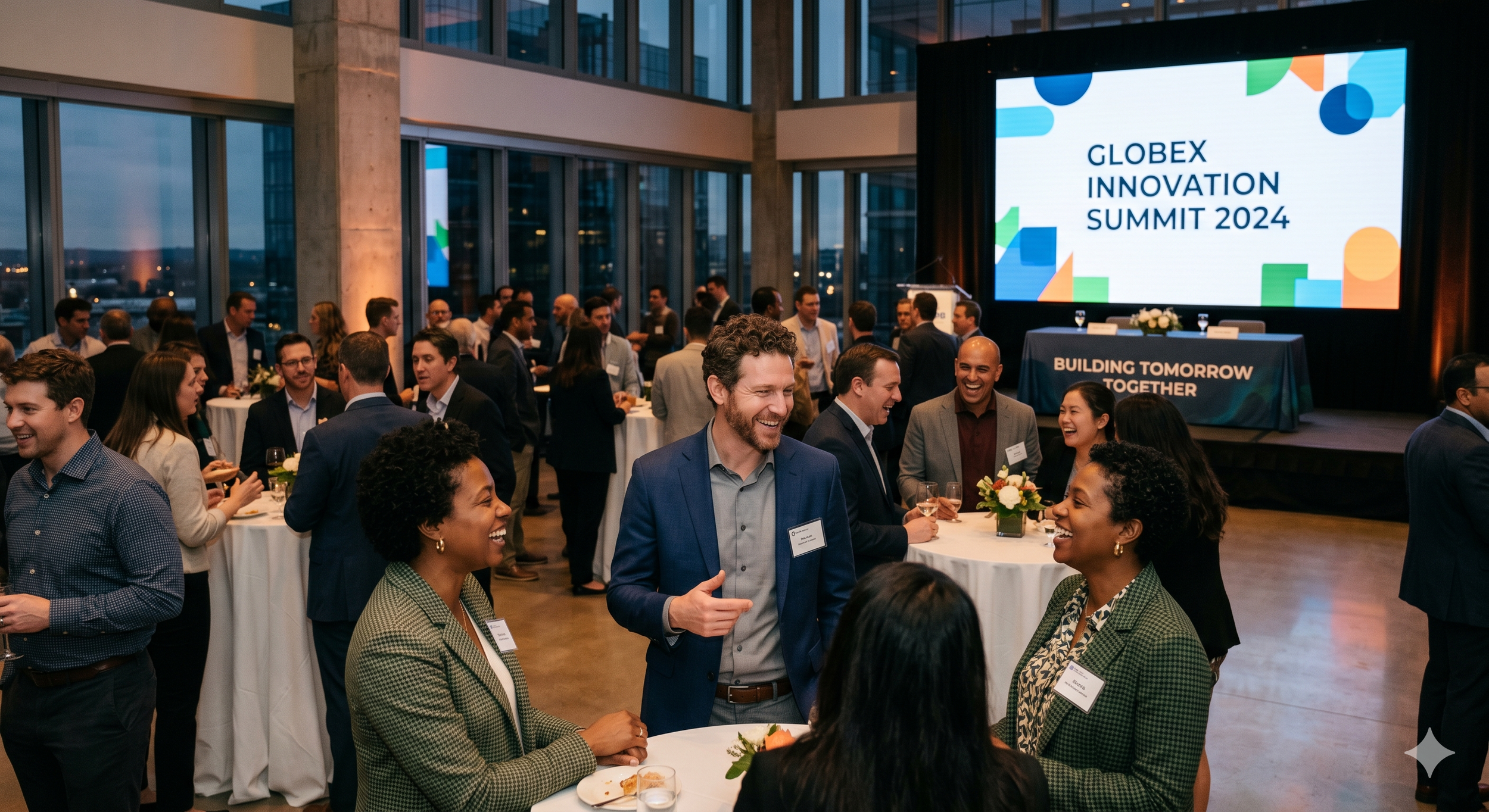 A group of diverse professionals socializing and networking at the Globex Innovation Summit 2024, held in a modern, well-lit conference room. There are high tables with flowers, and a large screen displays the event name and slogan: 'Building Tomorrow Together'.