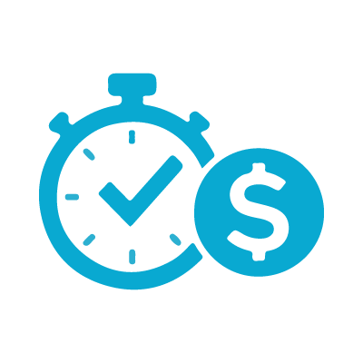 A stopwatch with a checkmark and a dollar sign indicating fast or timely financial transactions.