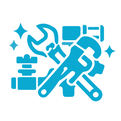 Tools and gears representing settings or maintenance, with sparkles indicating cleanliness or excellence.