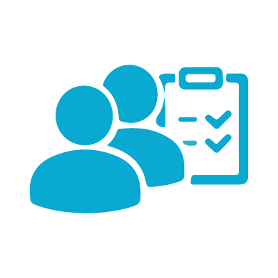 Icon of three people with a clipboard and checkmarks, representing teamwork or a group review.