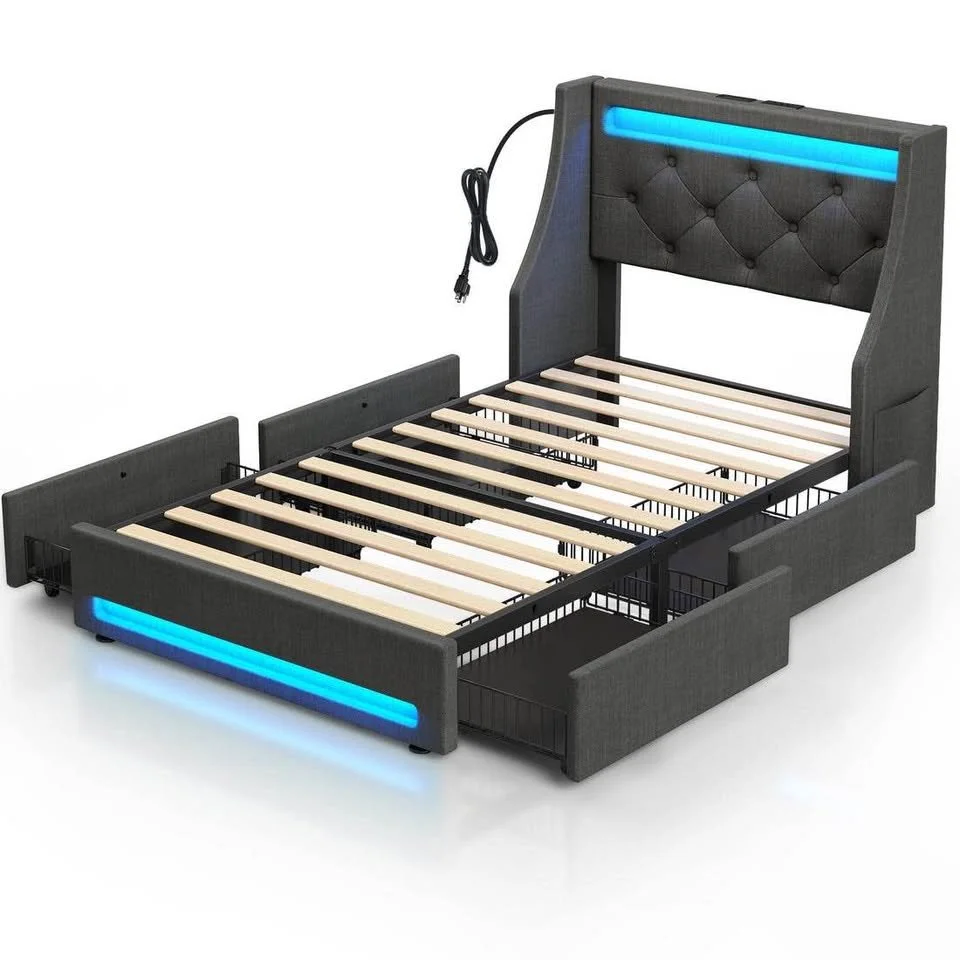 Rolanstar Bed Frame – Twin Size With LED Lights, Charging Station & Storage Drawers
