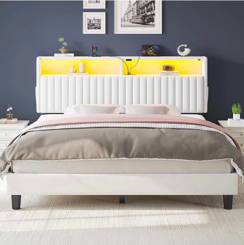 Seventable Queen Size Velvet Bed Frame – White With Charging Station, LED Lights & Storage Headboard