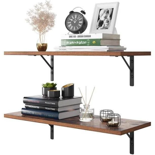 HOMFA Floating Wall Shelves – Set of 2 (Rustic Brown)