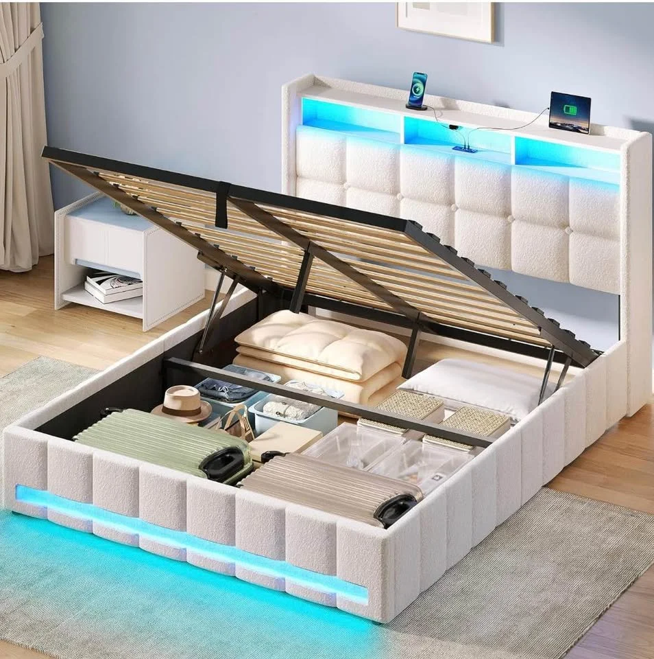 Rolanstar Queen Lift-Up Storage Bed Frame with Charging Station & LED Lights