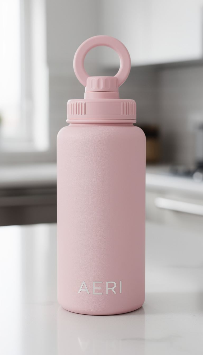 A pink water bottle with a loop handle on the lid, featuring the brand name 'AERI' at the bottom.