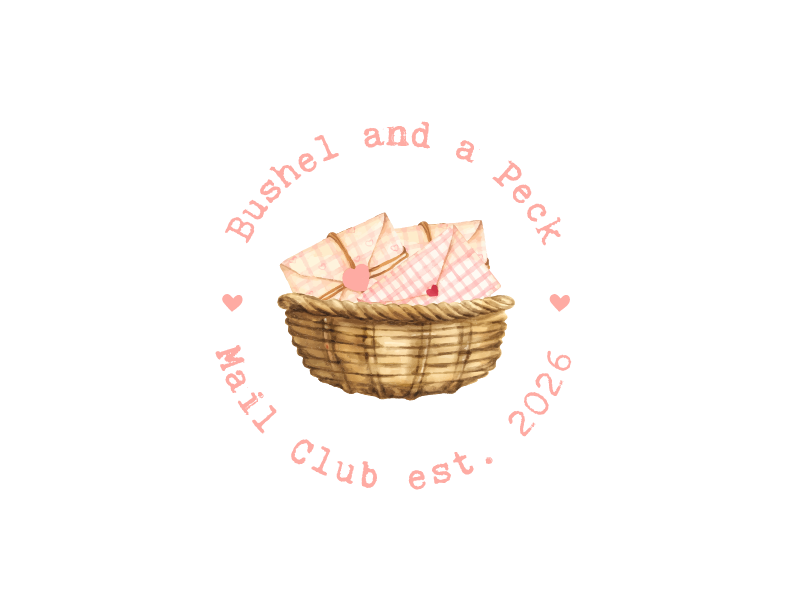 A mail club delivering connection, nostalgia, and a smile. It leans on the imagery of the abundance of a bushel and a peck.