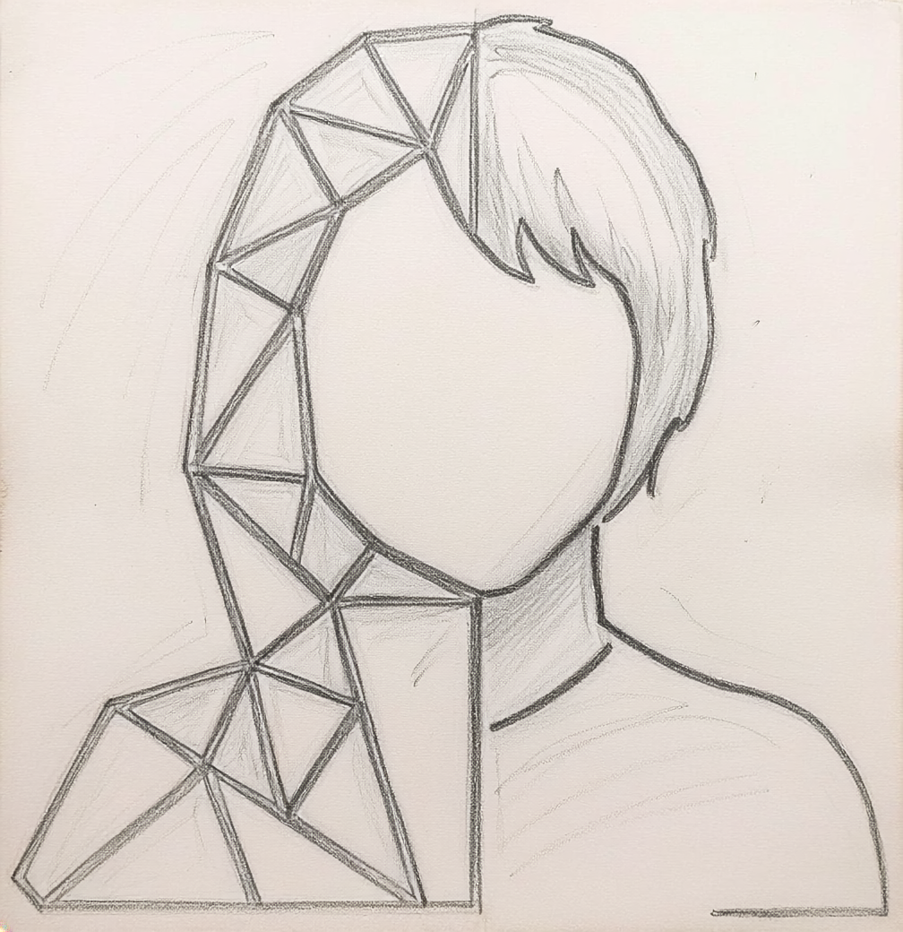 A pencil sketch of a faceless person with asymmetrical hair, with one side of the face outlined with geometric shapes resembling a pattern or mosaic.