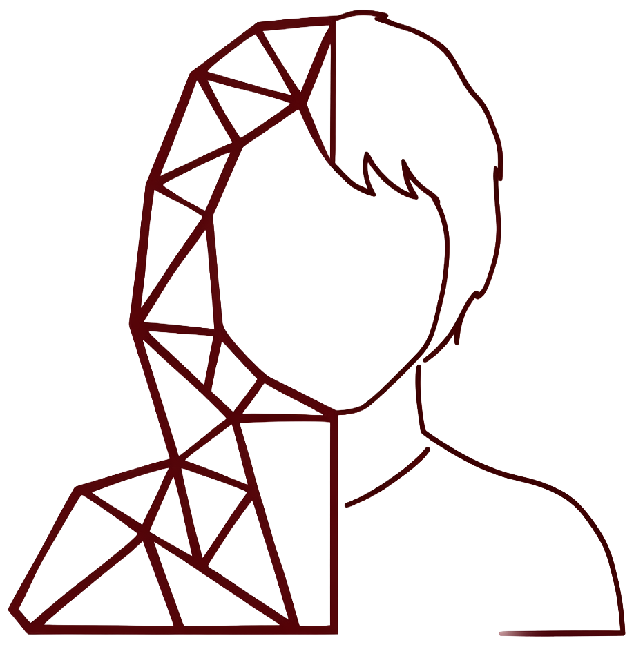 Line art illustration of a person's face and upper body with geometric shapes filling half of the face and hair, in dark red color.