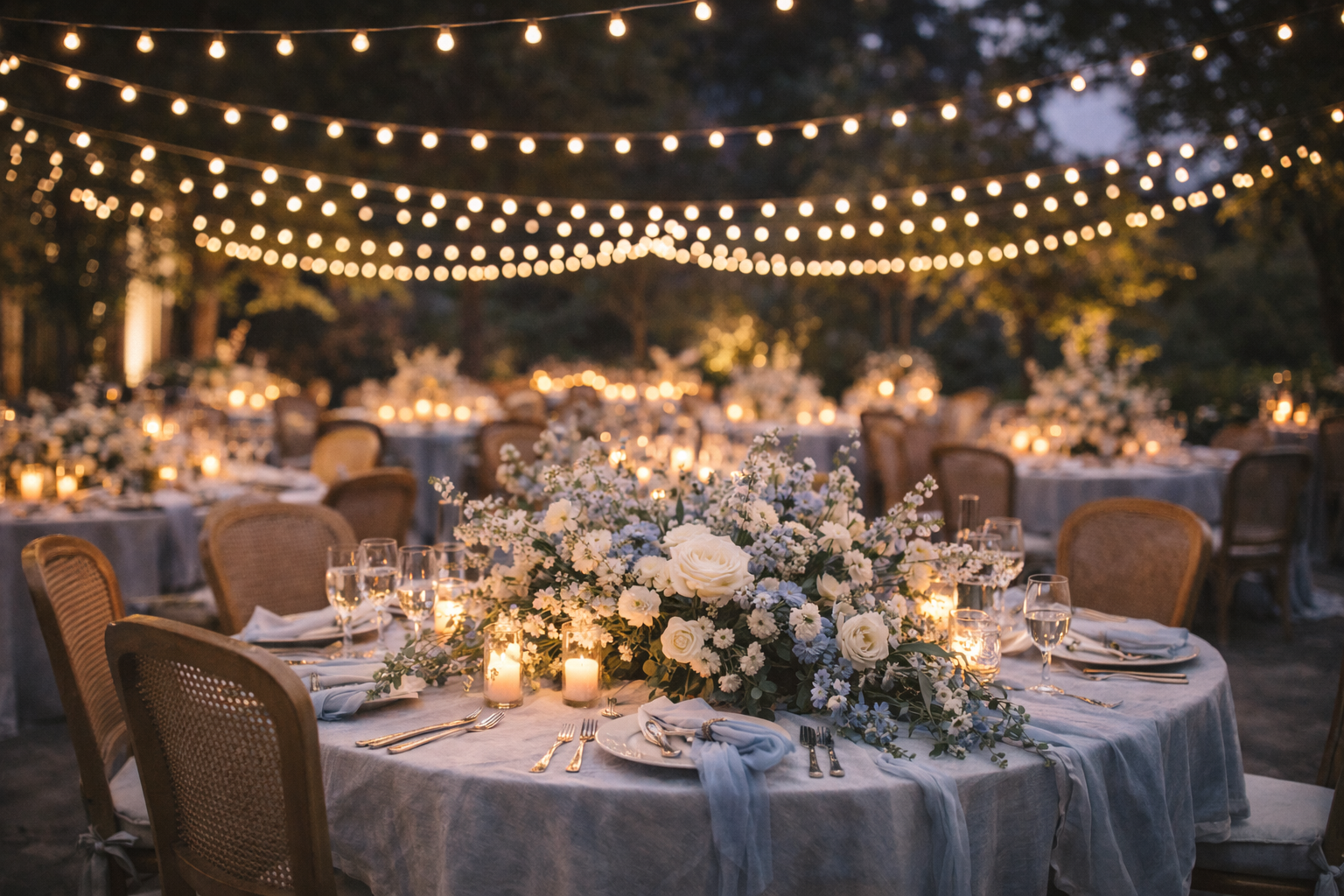 An outdoor event setup at dusk with round tables decorated with white flowers, candles, and glassware, under hanging string lights.