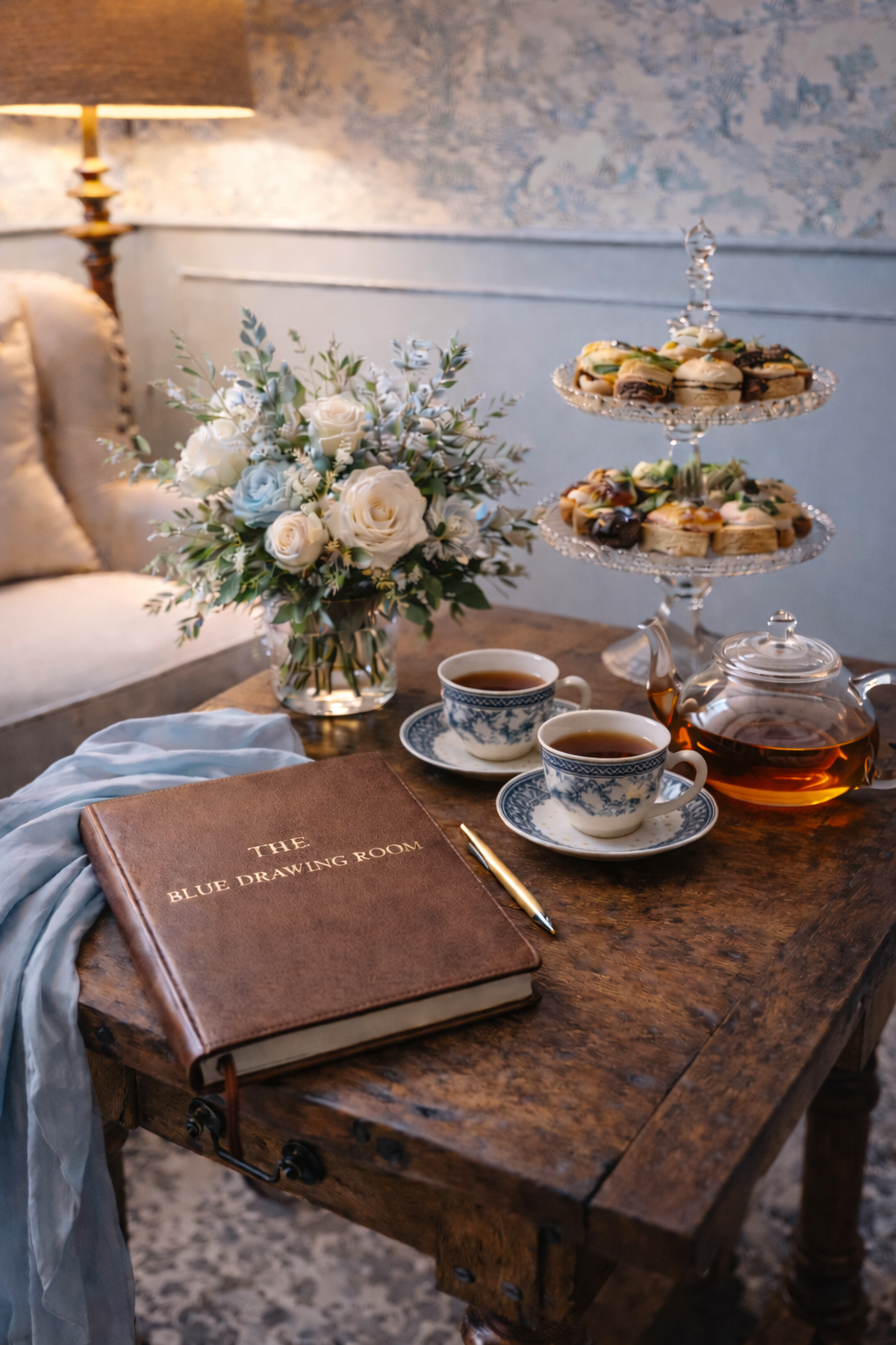 Refined bridal consultation setting with heirloom tea service and elegant styling