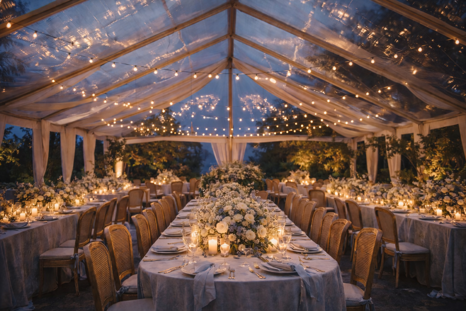 Luxury outdoor wedding reception design with candlelight and refined tablescape