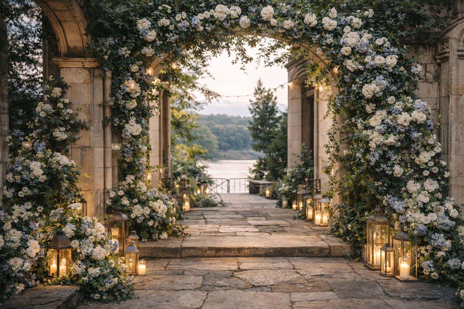 A romantic outdoor wedding arch decorated with white and blue hydrangeas and greenery, illuminated by candles and lanterns, overlooking a river at sunset.