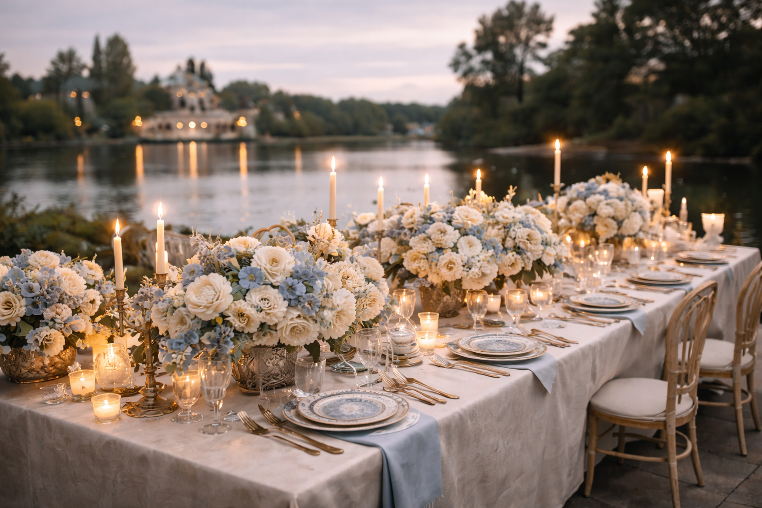 An elegant outdoor dining table set for a formal event along a river at sunset, decorated with white and blush floral arrangements, candles, and fine china.