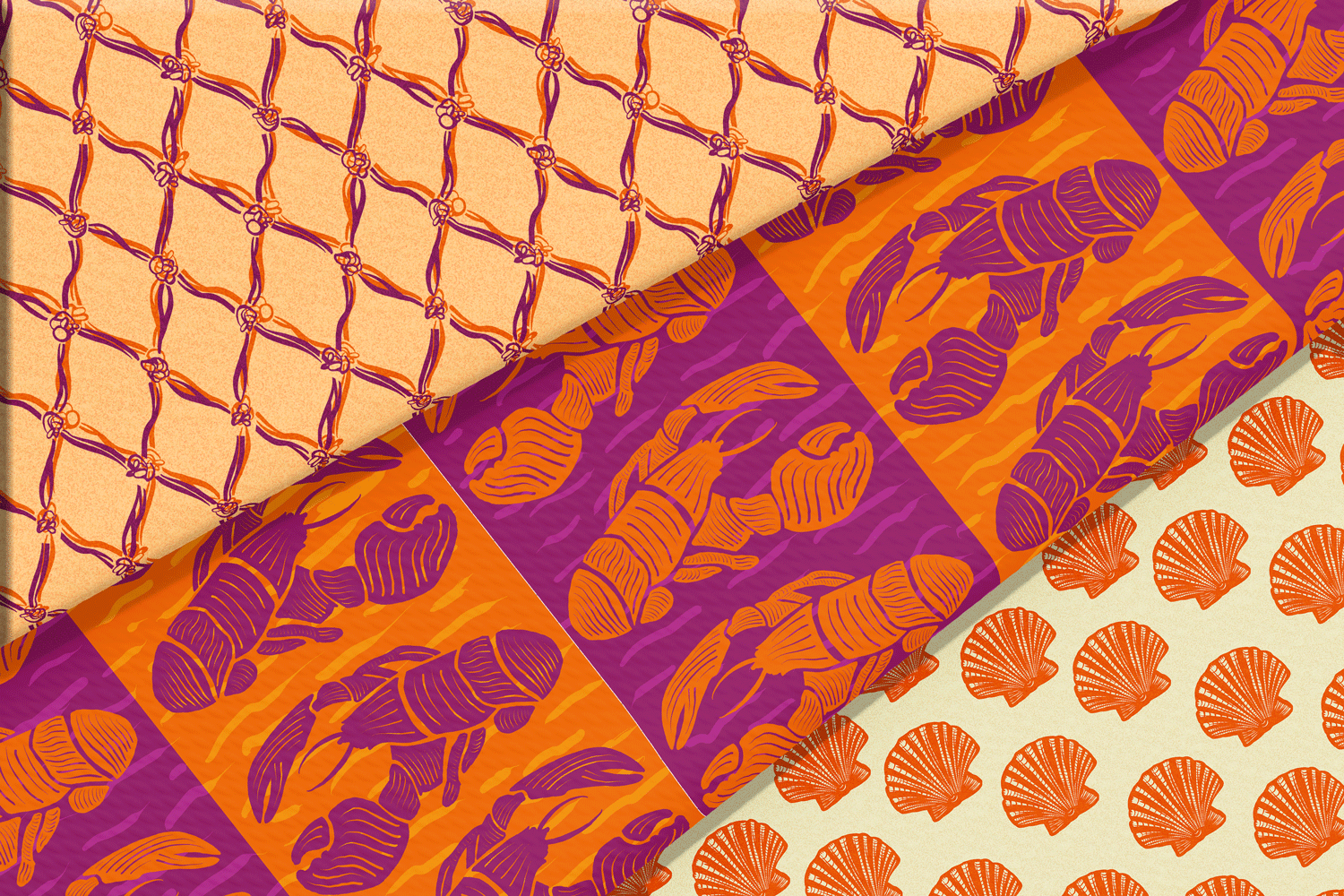 This is a bold, graphic coastal folklore lobster collection. The style feels nautical, modern, and retro-inspired, perfect for coastal décor, beach apparel, kitchen textile, and lobster boils.