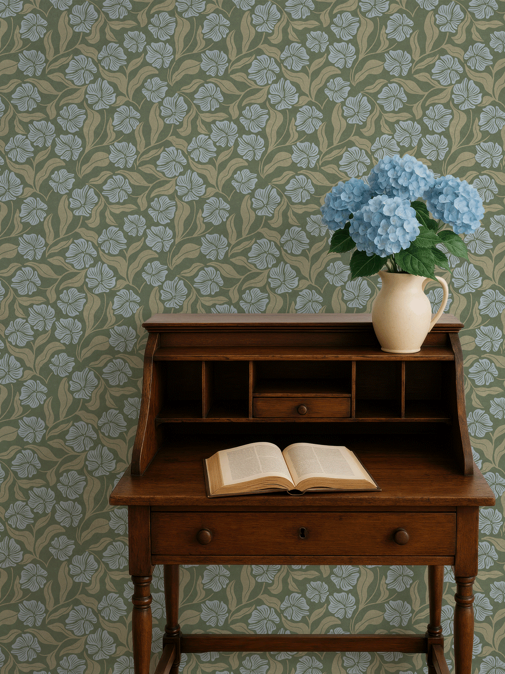 A beautiful botanical floral featuring stylized, hand-drawn blooms scattered created with dusty blue and sage on a khaki green background. Hand drawn linework creates a vintage, retro, arts and crafts, craft revival feel.