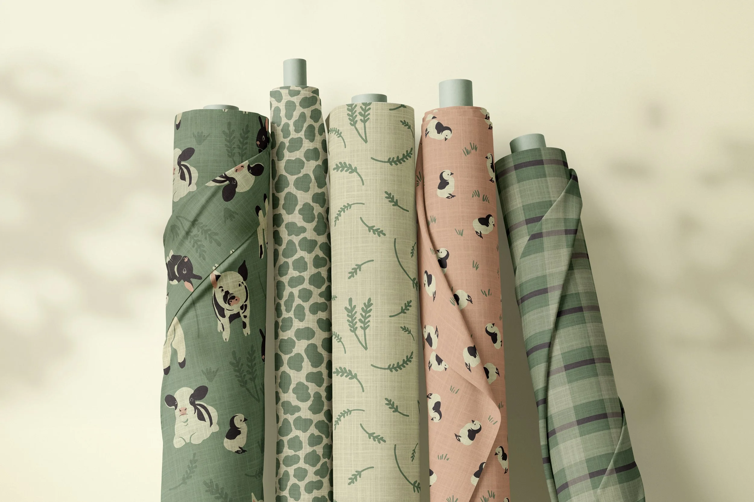 Hand-drawn baby farm animals, wheat sprigs, cow spots, plaid, and little chicks in soft sage, charcoal, cream, and clay blush. A cozy, gender-neutral farmhouse nursery collection with a woven linen texture, made to mix and match. Please contact me di