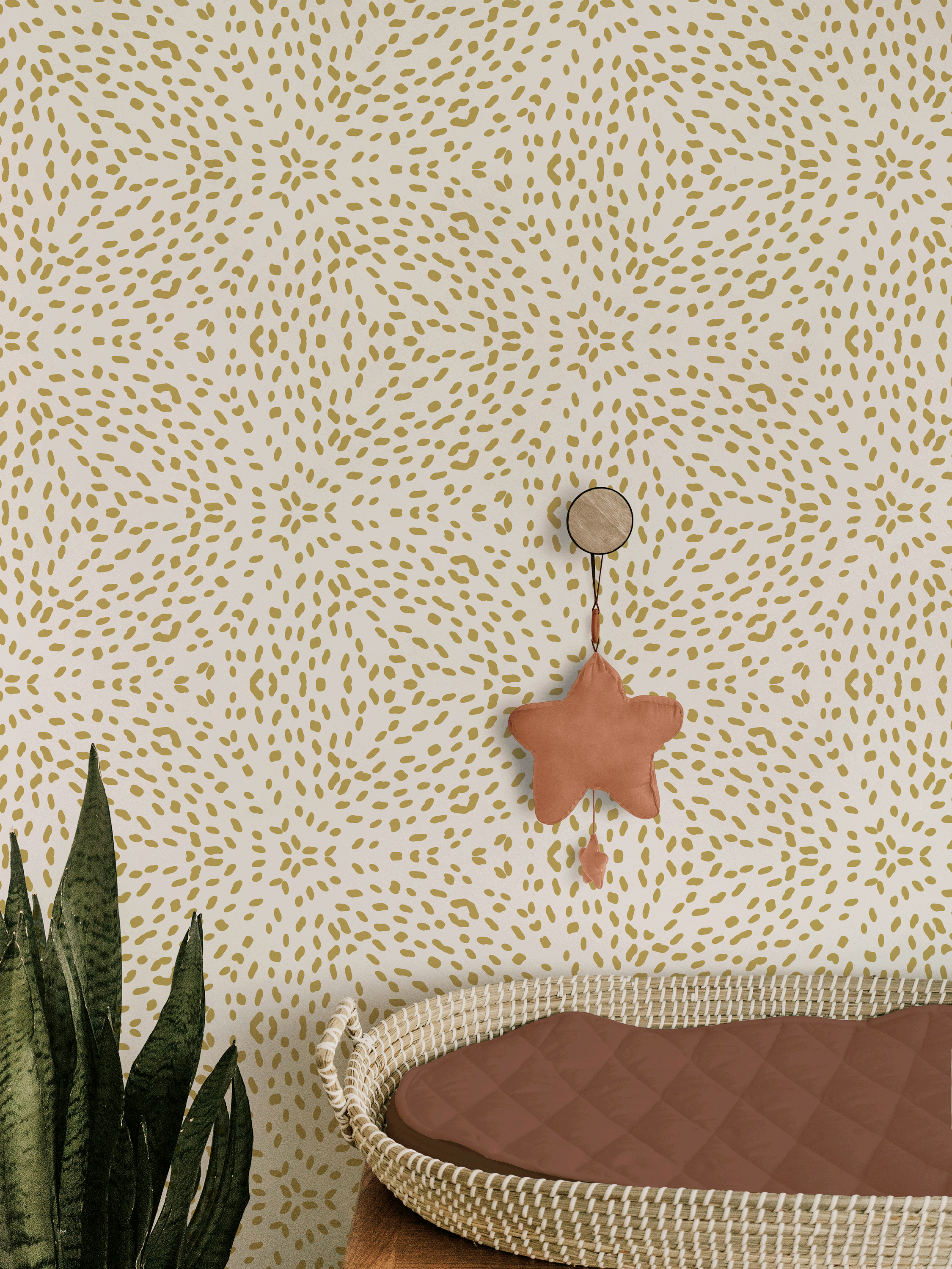 A playful yet calming gender neutral minimal pattern with a subtle radial burst. Both modern and whimsical. Perfect for contemporary interiors, nursery decor, fabric projects, and statement wallpaper, this pattern balances simplicity with visual inte