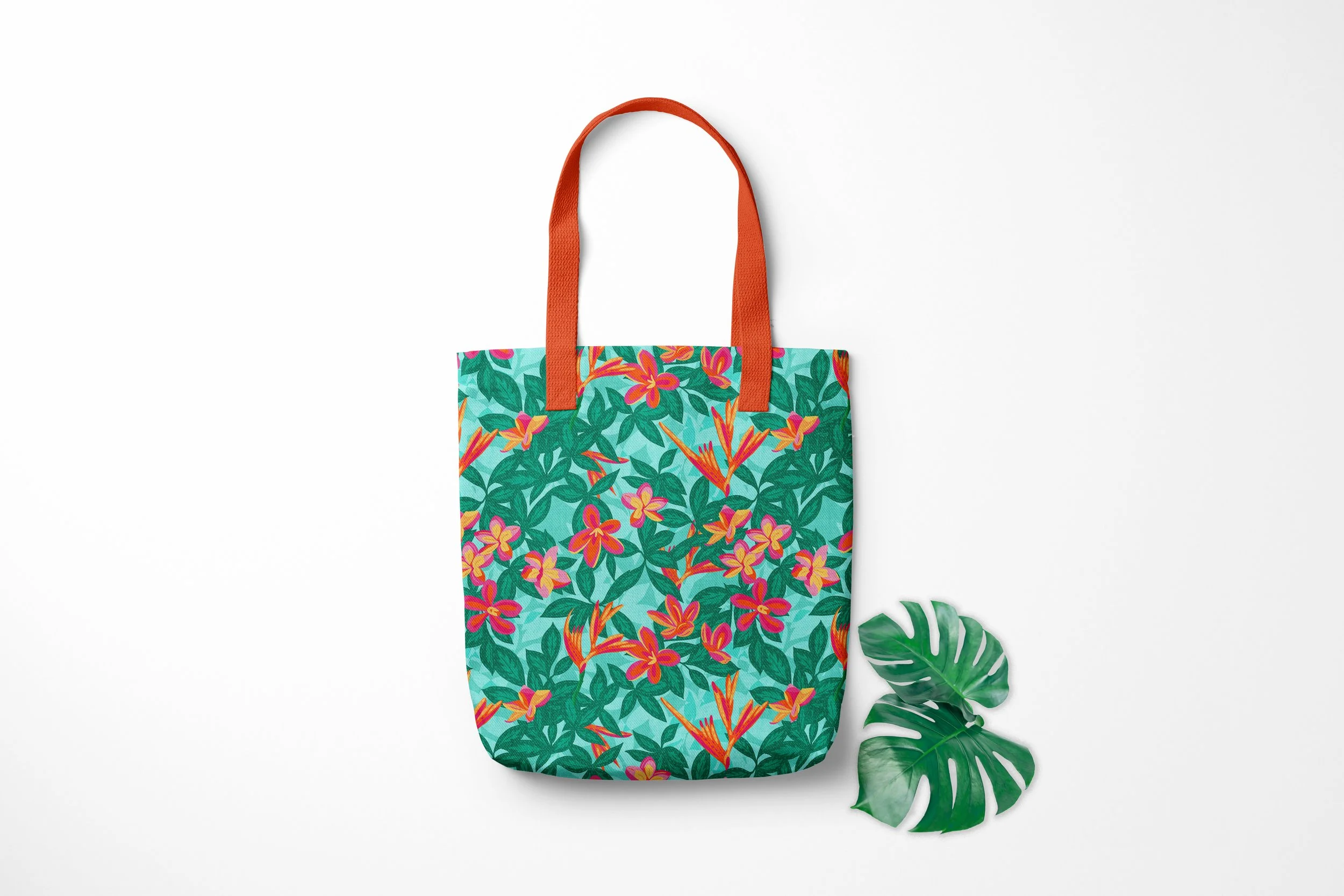 A vibrant, hand-illustrated tropical floral pattern featuring plumeria blooms and bird of paradise flowers in hot pink, orange, and golden yellow, set against lush dark teal foliage on a bright aqua background.