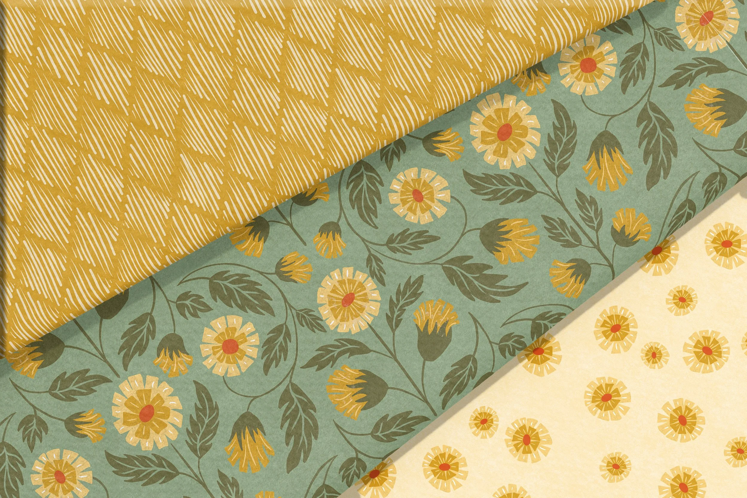 The hand-drawn collection  has a cozy folk-art and Scandinavian feel with a modern vintage palette. It works beautifully for wallpaper, quilting cotton, home decor, and apparel, bringing a warm meadow charm to interiors.