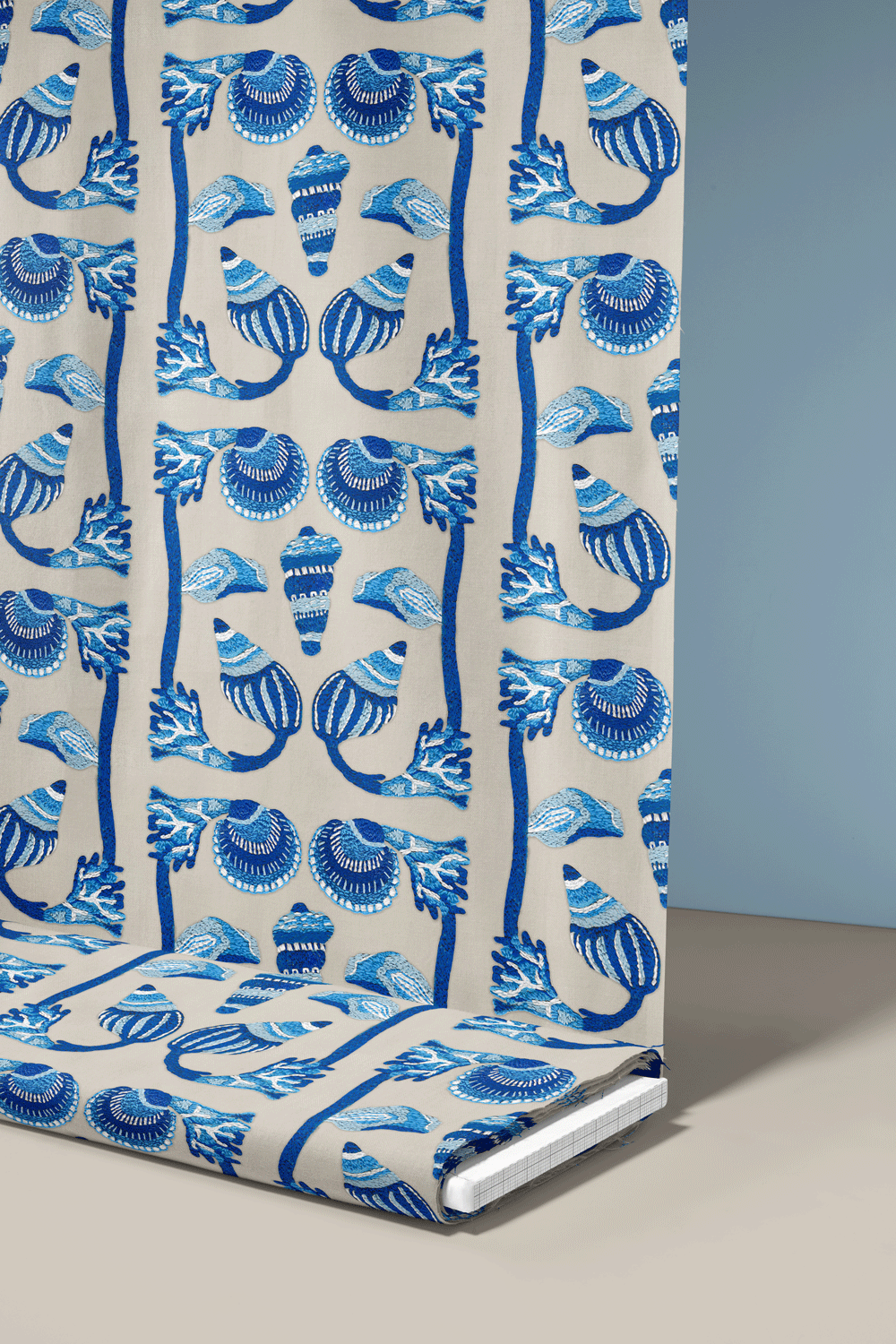Timeless, coastal, and hand embroidered motif inspired by Delft tiles.  Ideal for home décor and statement textiles.